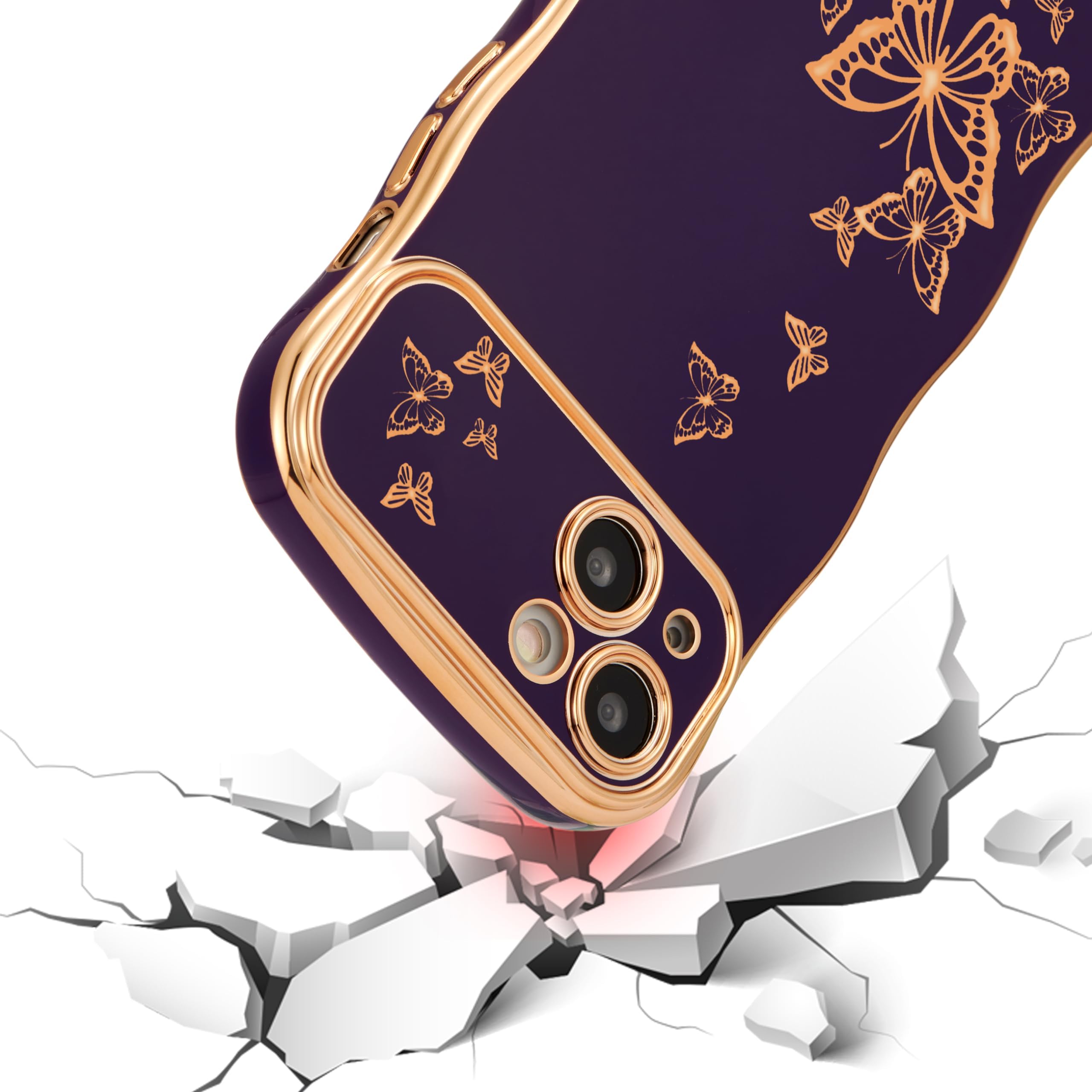 Ztofera For Iphone 13 Case For Girl Women, Cute Curly Wave Frame With Luxury Plating Butterfly Pattern, Soft Tpu Gold Edge Shock