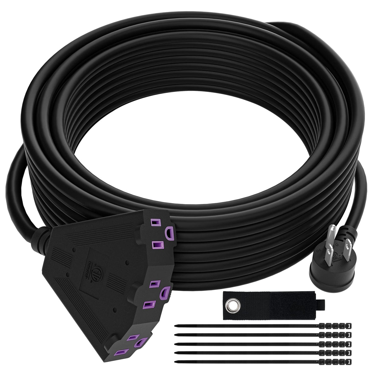 Outdoor Extension Cord 50 Ft With 3 Outlets, 3 Prong 90 Degree Angled Plug, 12/3 Heavy Duty 12 Gauge Power Cable, 12Awg, Sjtw, 1