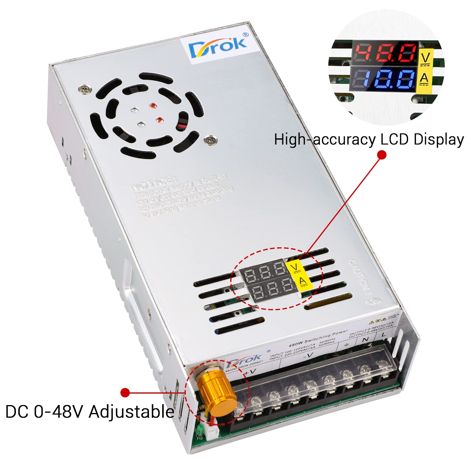Drok 48V Power Supply, Ac 110V/220V To Dc 0 48V 10A 480W Buck Converter Dual Display, Variable Adjustable Transformer Regulated