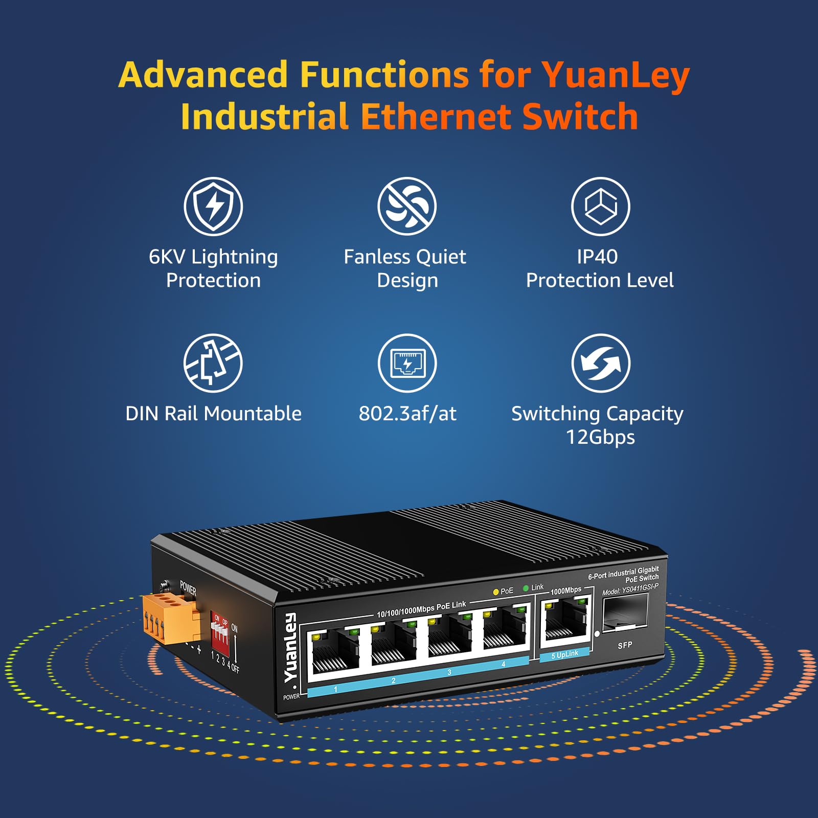Yuanley 6 Port Industrial Switch With 4 Port Poe Gigabit, 1 1000Mbps Uplink, 1 Sfp Port, Unmanaged Din Rail Poe Switch, Ieee802.