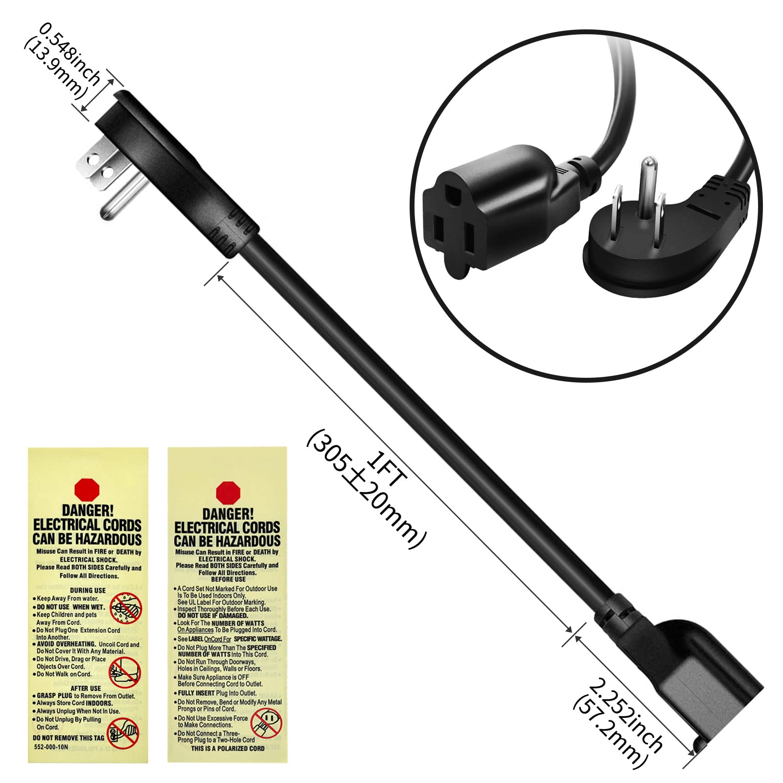 Miady Flat Plug Extension Cord 1 Ft, 90 Degree Plug Adapter, 3 Prong Grounded Wire Short Angle Power Cord Black Etl Listed (2 Pa