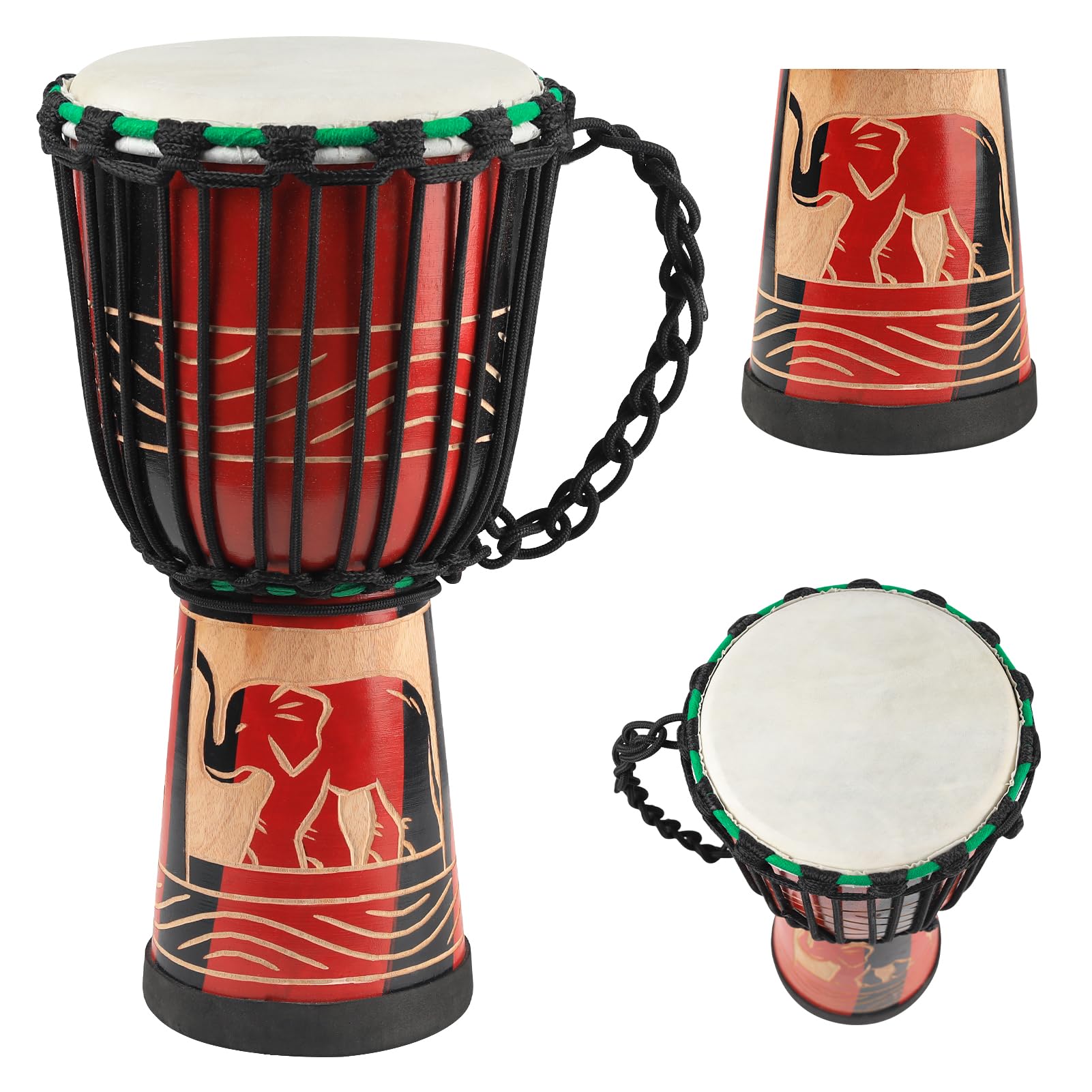 GOGHOST Wood Djembe Drum, 8.5 x 16Carved Red Elephant Mahogany African Drums with Goatskin Drumhead, West African Styled Pro