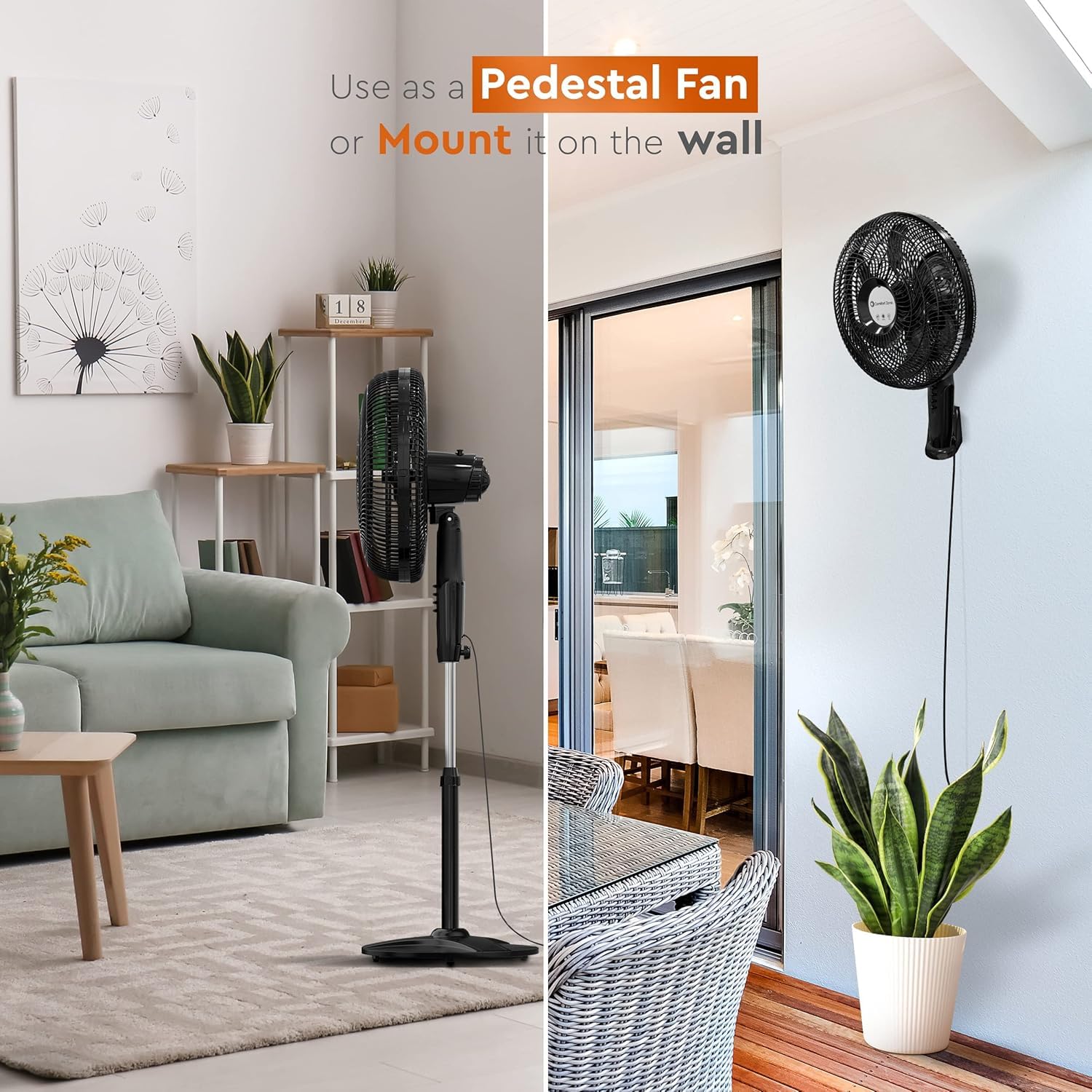 Comfort Zone Powrcurve Oscillating Pedestal Stand Fan, 18 Inch, 6 Blades, Tri-Curve Grill For Reduced Noise, 180 Adjustable Tilt