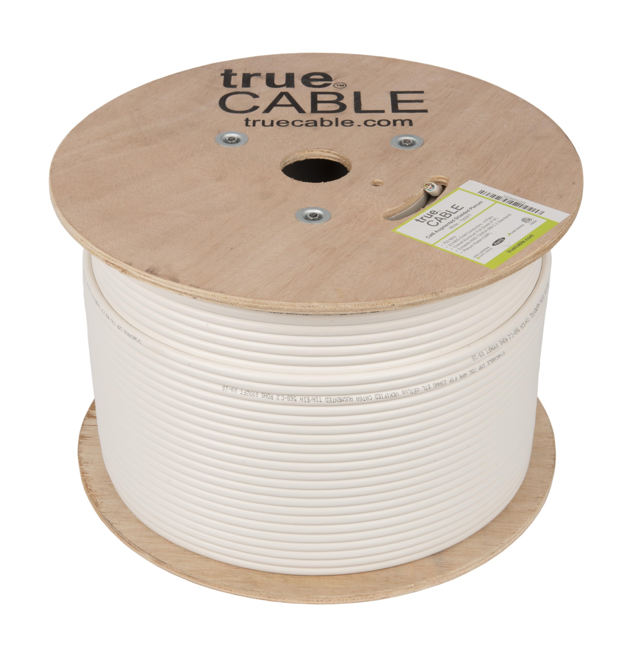 Truecable Cat6A Shielded Plenum (Cmp), 1000Ft, White, 23Awg Solid Bare Copper, 750Mhz, Poe++ (4Ppoe), Etl Listed, Overall Aluminum Foil Shield (F/Utp), Bulk Ethernet Cable