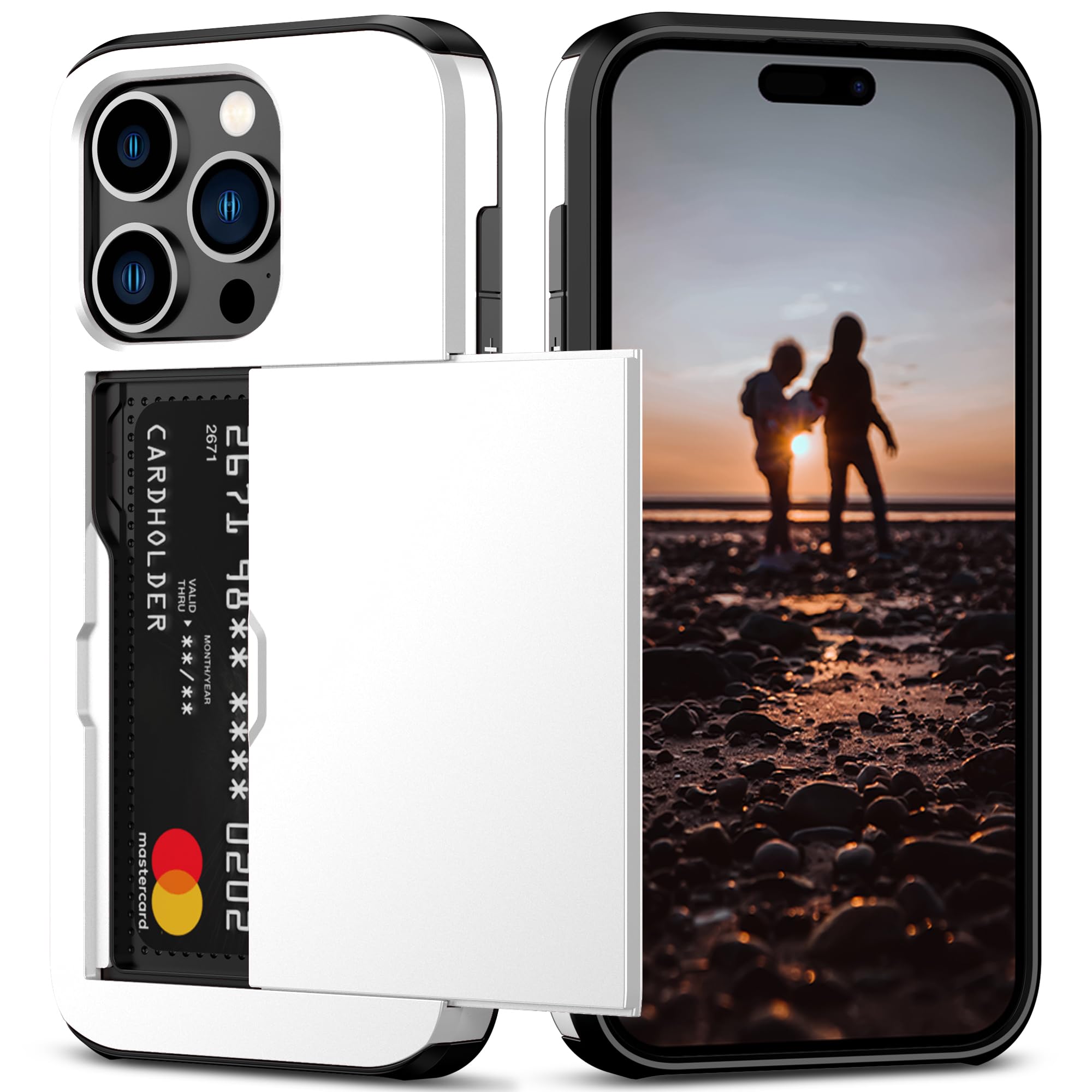 Nvollnoe Compatible With Iphone 15 Pro Case With Card Holder Heavy Duty Protective Dual Layer Shockproof Hidden Card Slot Slim W