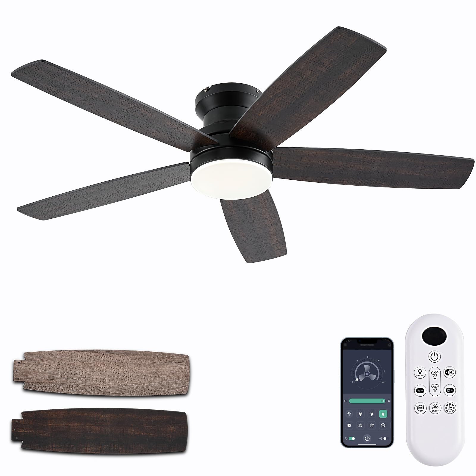 Ceiling Fans with Lights, 48Inch Low Profile Ceiling Fan with Light and Remote/App Control, Flush Mount, Reversible, 3CCT, Dimma