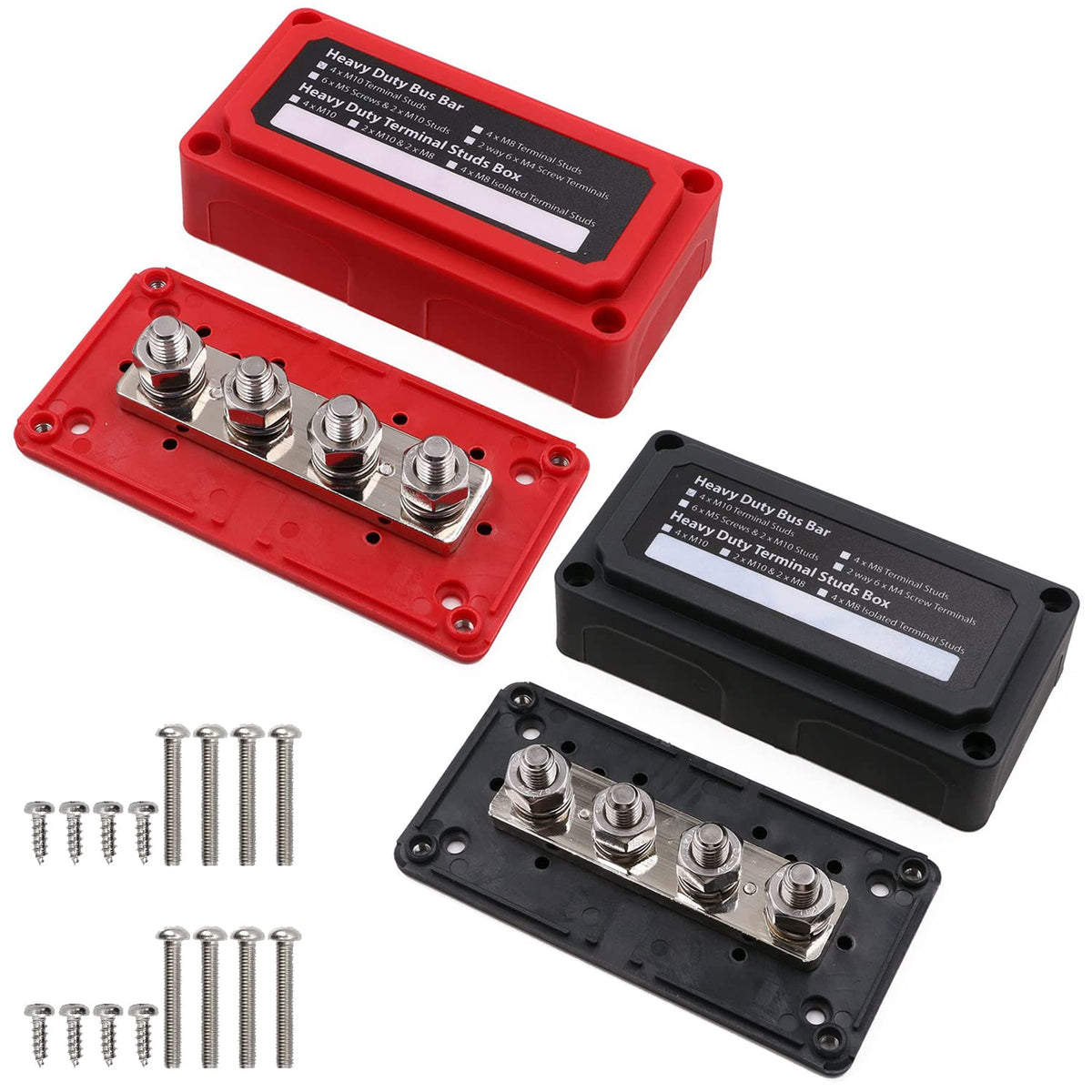T Tocas 300A 4 X 3/8'' M10 Terminal Studs Heavy Duty Busbar Box With Cover, 48V Power Distribution Block Battery Bus Bar (Red+Bl