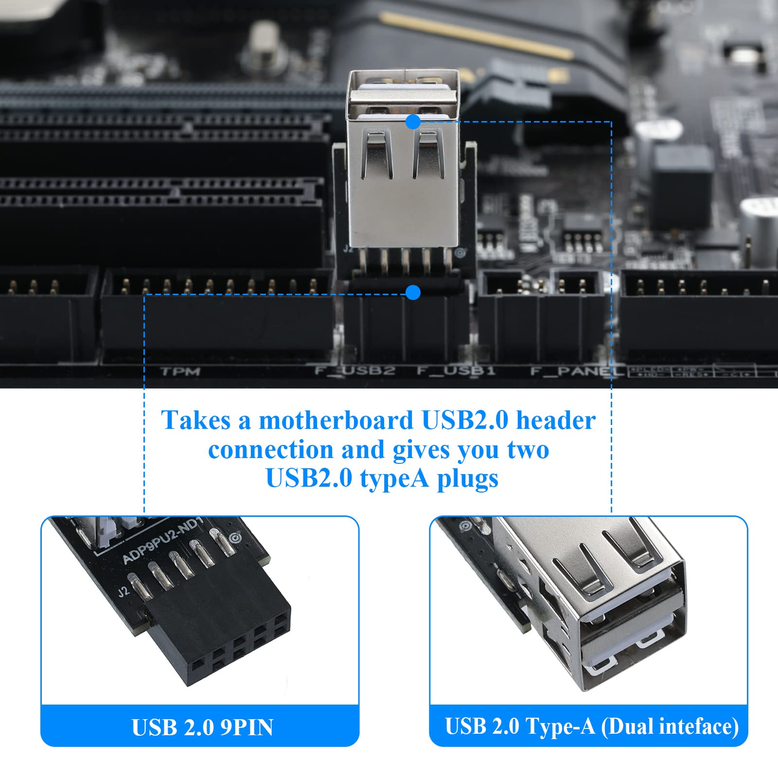 Mzhou 9Pin Usb 2.0 Female Pin Dual 2 Port Usb Motherboard Header Adapter Dual Layer Type For Pc (Dual)