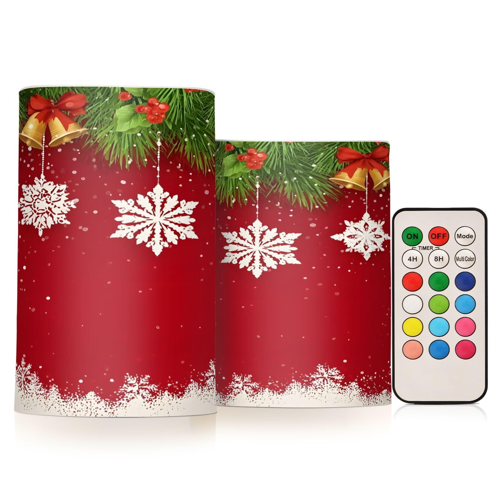 Flickering Flameless Candles, Christmas Snowflake Bell LED Candles with Remote Timer, Set of 2 Battery Operated Candle for Valen