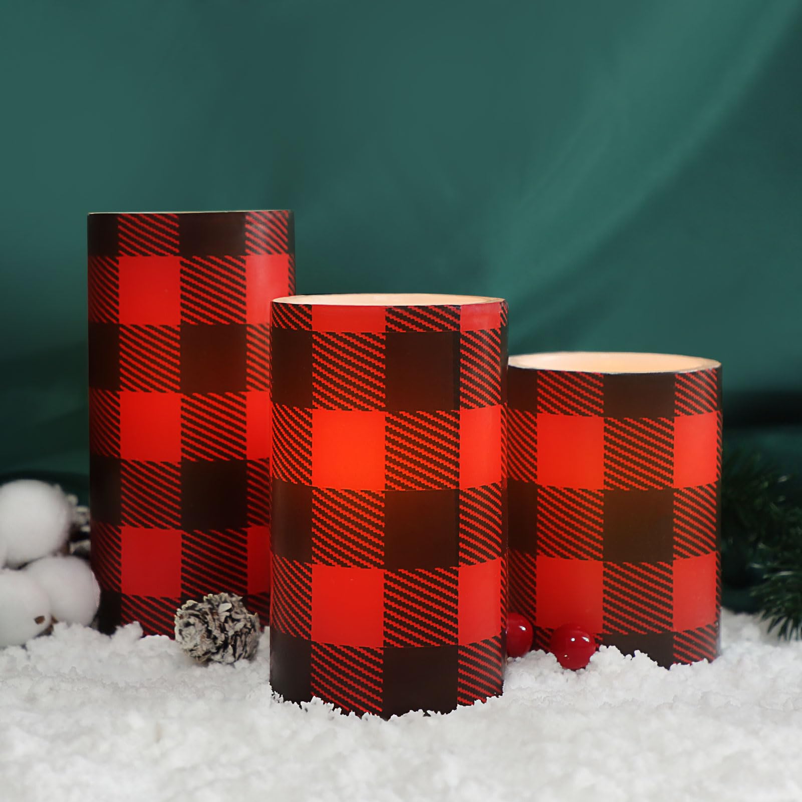 Silverstro Christmas Red Flameless Candles: Farmhouse Theme Flickering Real Wax Buffalo Check Decorative Candles with Remote - H