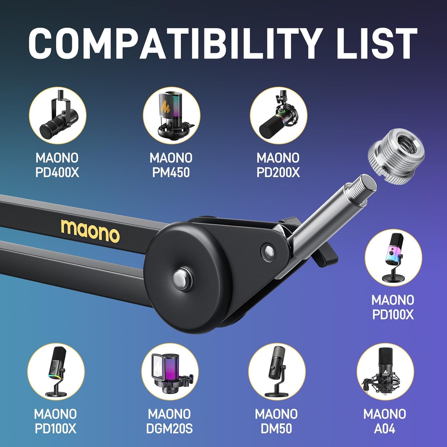 Maono Microphone Boom Arm: Heavy Duty Adjustable Metal Suspension Mic Stand With Upgraded Desk Clamp And 3/8 To 5/8 Screw Adapte