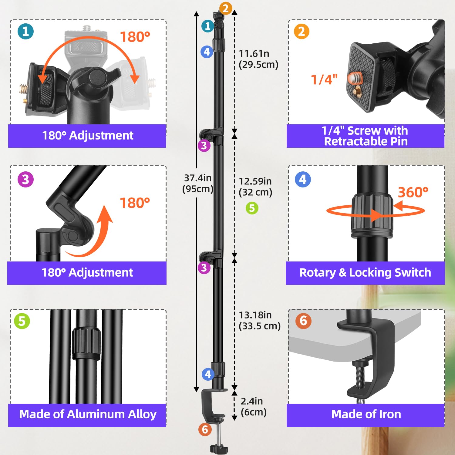 Jinsui 37'' Overhead Camera Mount Desk Stand, 3-Section 360 Adjustable Articulating Metal Arm With 1/4'' Screw And Phone Holder,