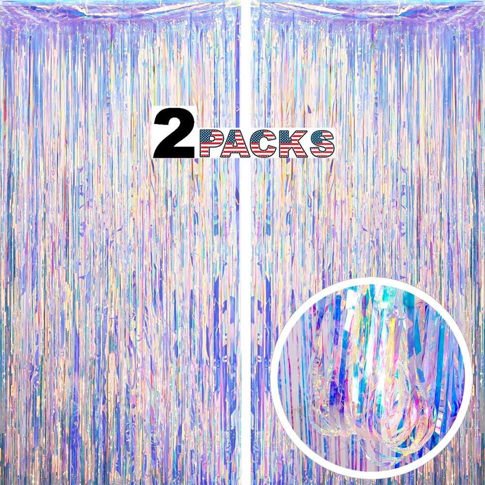 Lilf Gorgeous Holographic Iridescent Fringe Curtain   2 Pack Of 8.3Ft X 3.3Ft Tinsel Streamer For Wedding Birthday Party Bridal/