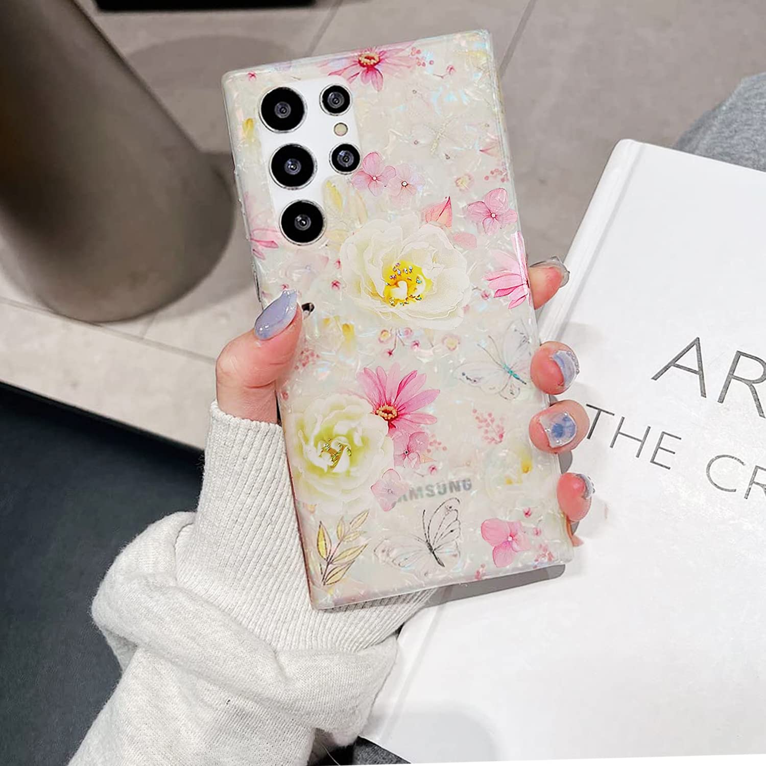 J.West Galaxy S22 Ultra Case 5G, Luxury Sparkle Glitter Translucent Clear Colorful Opal Pearly Thinfoil Design Shiny Floral Prin