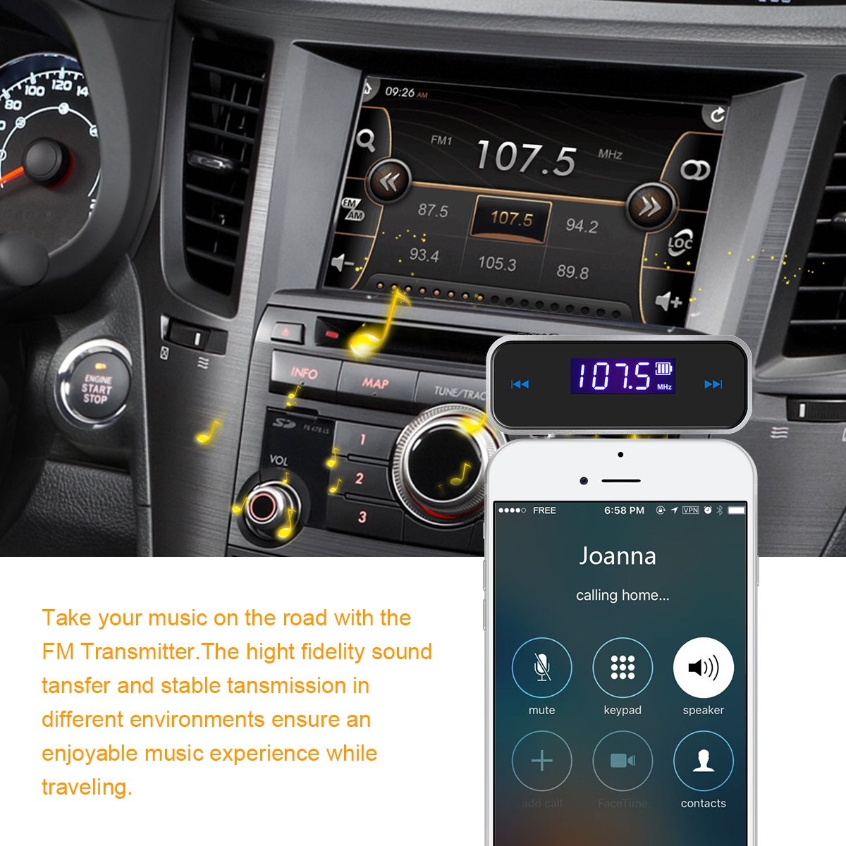 Beinhome Fm Transmitter Audio Adapter Car Kit, Wireless In Car Radio Transmitter Built In 3.5Mm Aux Port For Car Iphone 6S 5 Se