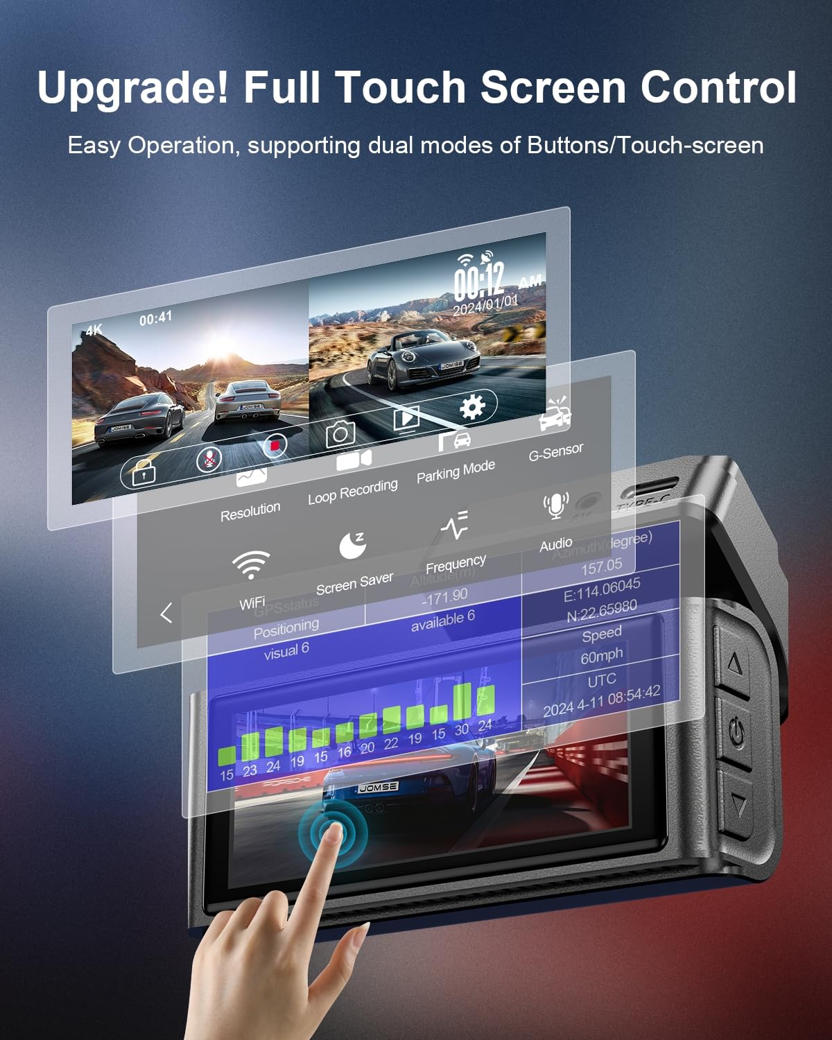 Jomise 4K Dash Cam Front And Rear, 3.16    Ips Touch Screen, 64Gb Card Included, Dual Dash Camera For Cars, Built In Gps Wi Fi,