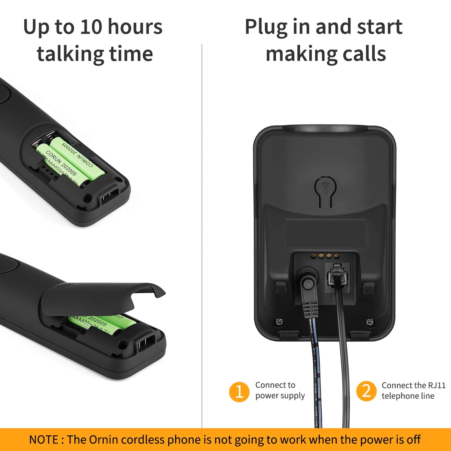 Ornin D1005 Cordless Phone For Home And Office, Caller Id, Speakerphone, Rubber Oil Injection(Single Pack, Black)