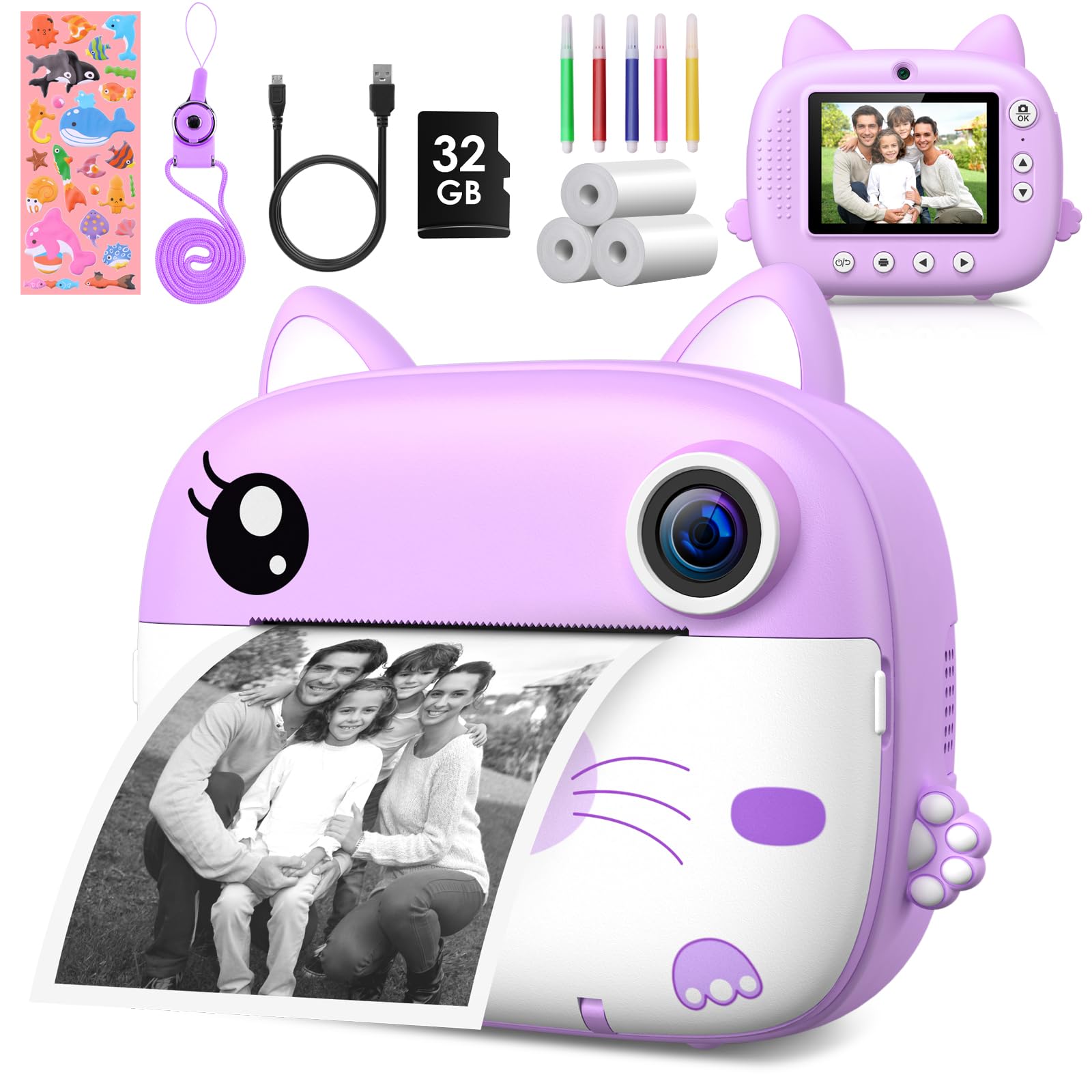 Kids Camera Instant Print,2.5K Digital Video Instant Print Camera For Kids, Selfie Toddler Cameras With No Ink Print Paper & 32G