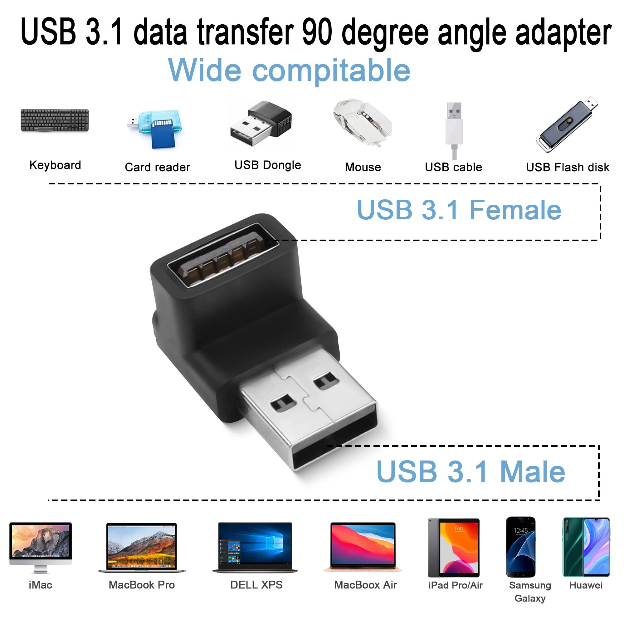 Qianrenon Usb 3.1 90�Angle Adapter 10Gbps Usb 3.1 Male To Female L Angle Connector Usb A 3.1 Right Angle Coupler, Support 3A Charging Otg Data Transfer, 2Pcs (Positive Bend/Female End Down)