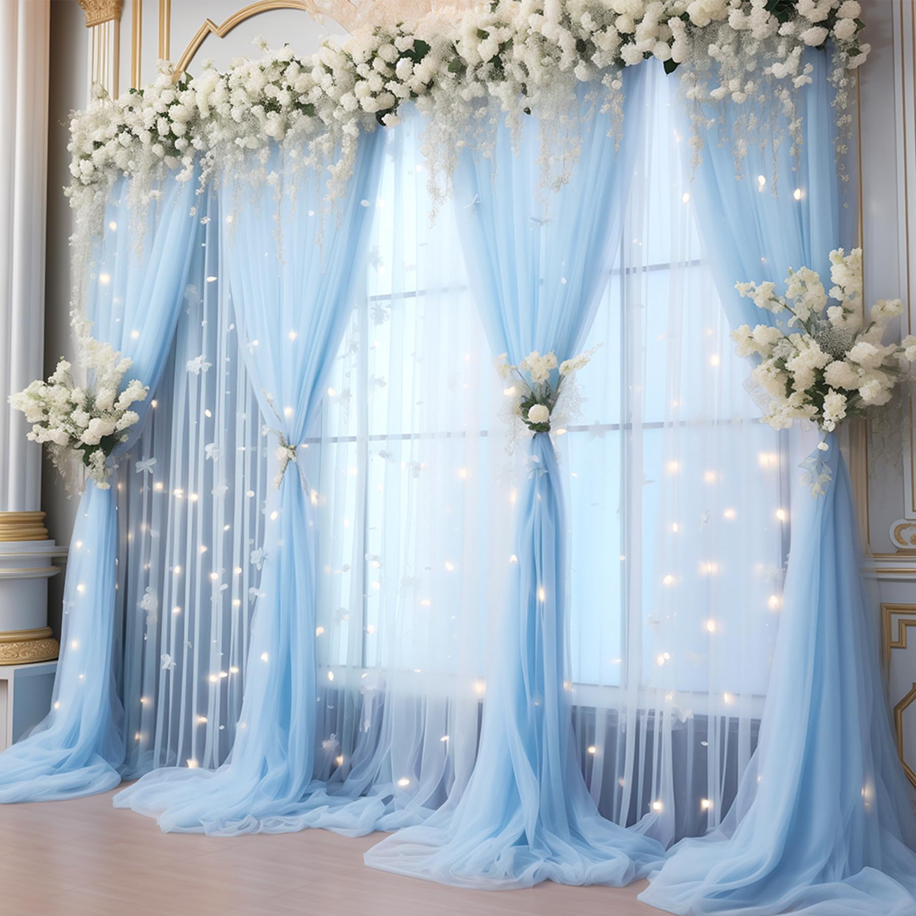 30X10Ft Baby Blue Tulle Backdrop Curtain With Lights String For Parites, Sheer Photo Backdrop Curtains With Lights For Wedding B