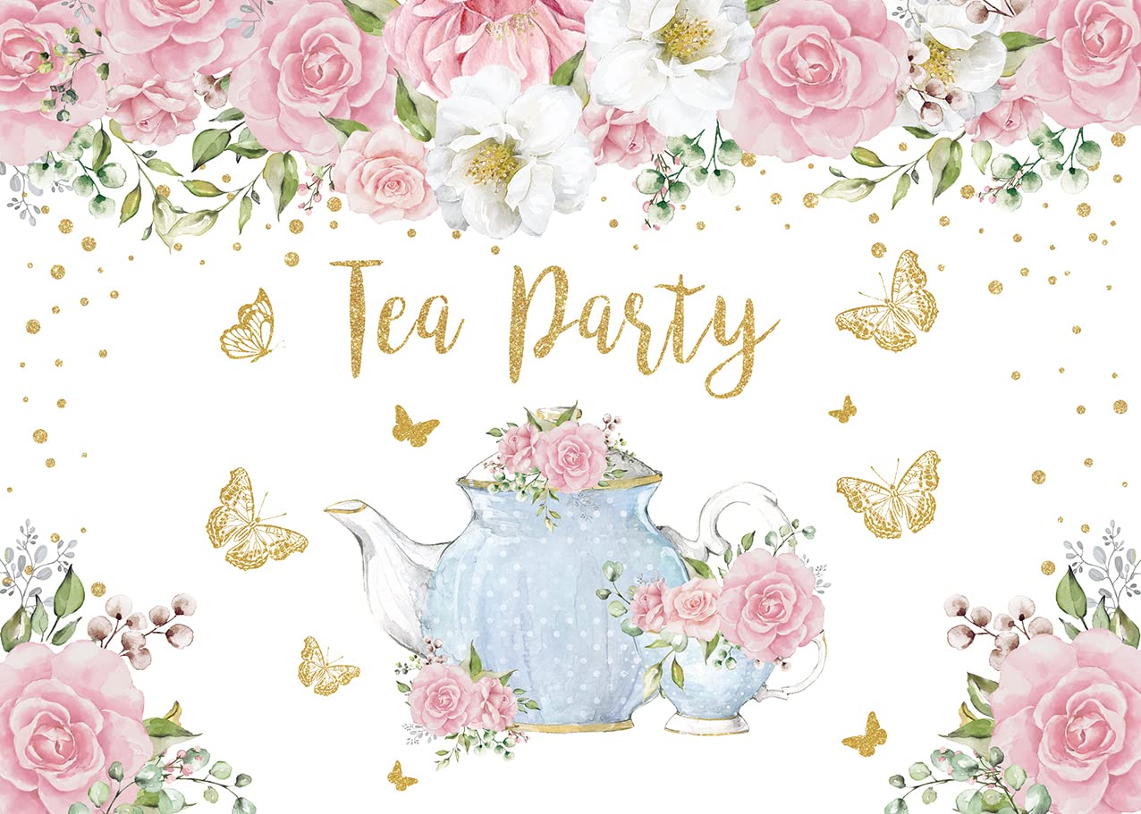 Tea Party Backdrop Pink Rose Floral Gold Butterfly Teapot Let'S Partea Background Spring Girl Princess Wonderland Afternoon Tea