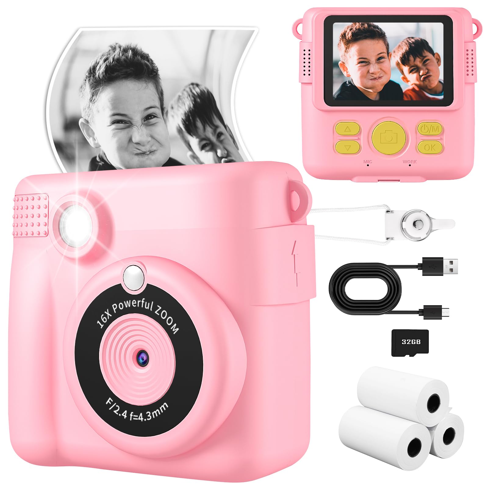 Kids Camera, Instant Print Camera 2.4 Inch Screen 1080P Digital Camera With 16X Digital Zoom, 32Gb Tf Card For 3 13 Boys And Gir