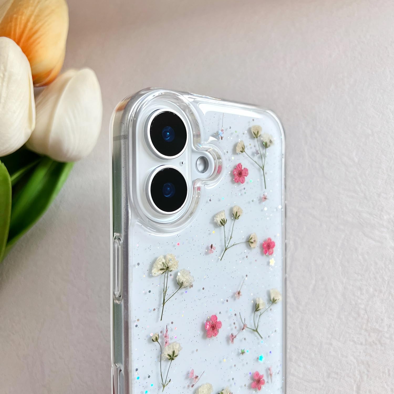 Lseeka For Iphone 16 Plus Clear Case With Pressed Real Flowers Design,Glitter Cute Pink Floral Pattern Slim Soft Tpu Protective