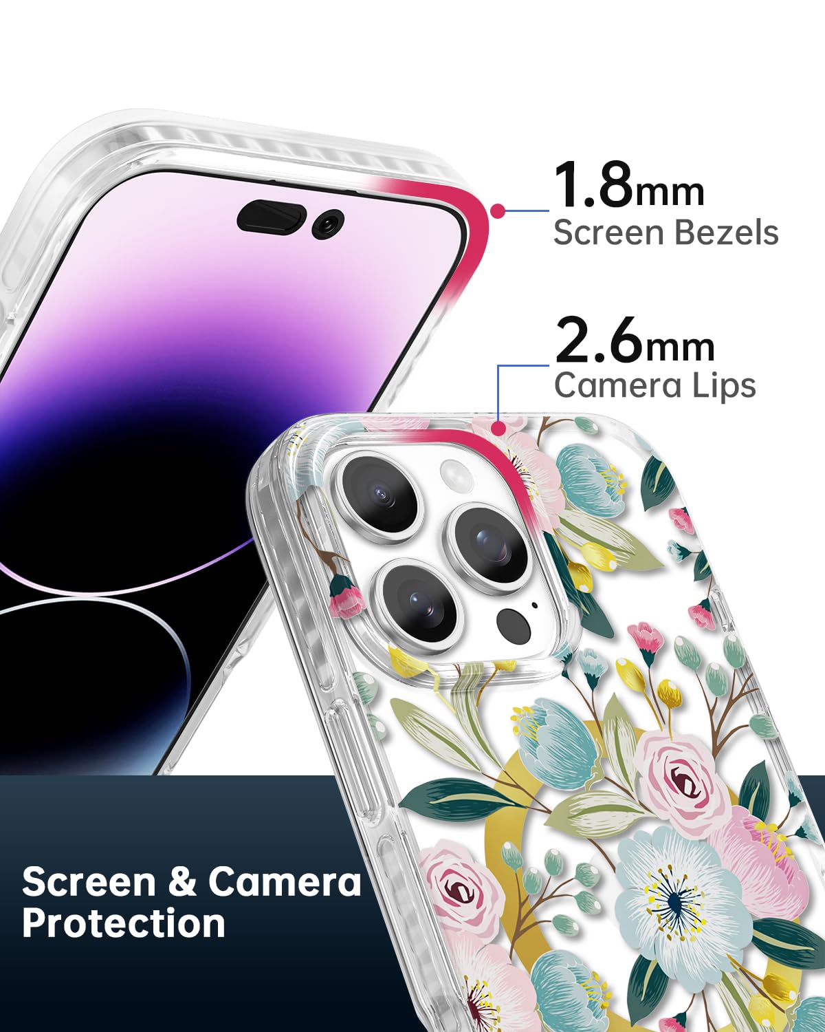 Scorpify For Iphone 16 Pro Case [Compatible With Magsafe] With Hibiscus Floral Design, Cute Clear Flower Magnetic Phone Cover Fo