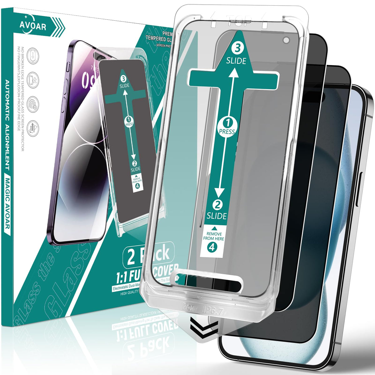 Avoar 2 Pack Privacy Screen Protector For Iphone 15 Plus, [Auto Alignment Kit] 6.7 Inch Tempered Full Screen Glass, Auto Dust El