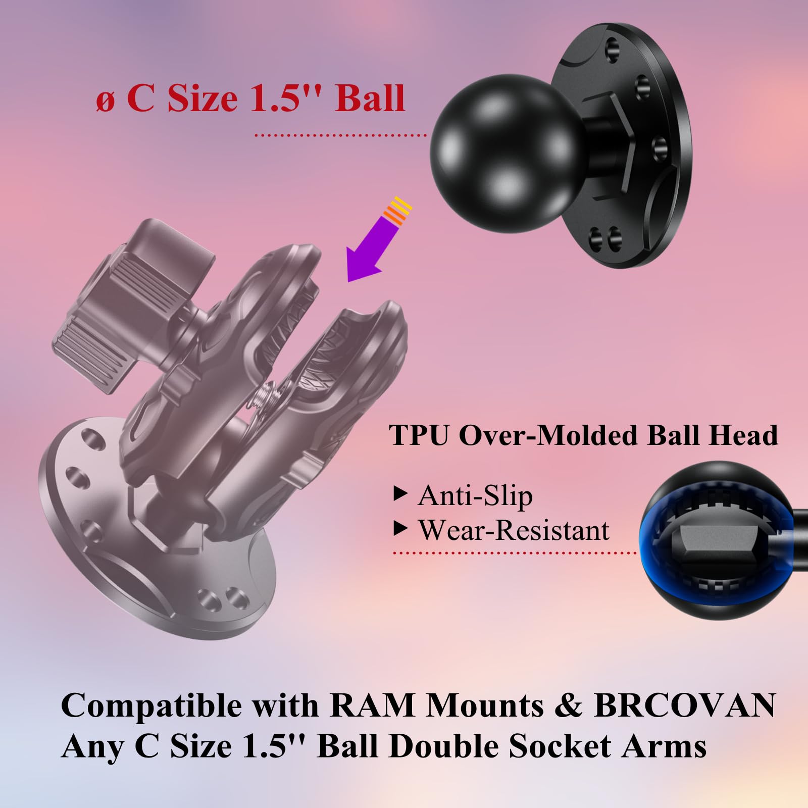 Brcovan 1.5'' Ball Mount Base With Aluminum Alloy Amps Hole Round Plate & 1.5'' Tpu Ball Adapter Compatible With Ram Mounts C Size 1.5 Inch Ball Double Socket Arm