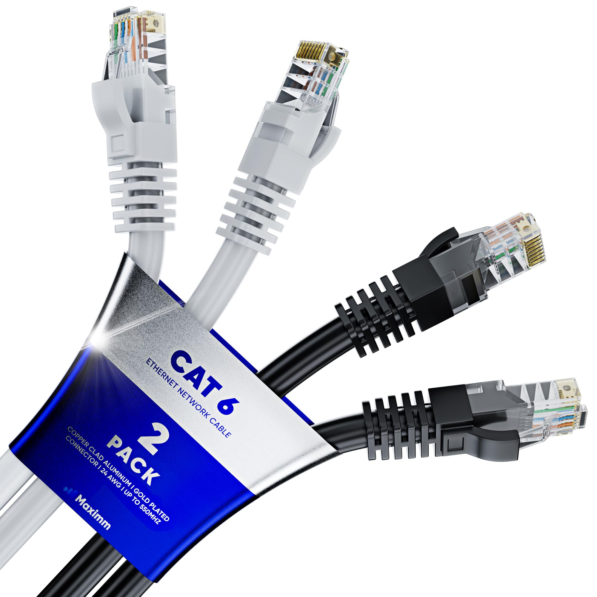 Maximm Cat 6 Ethernet Cable 12 Ft (2 Pack)   High Speed Lan Cable, Internet Cable, Patch Cable, And Network Cable   Utp, 10Gbps, 550Mhz Ethernet Cord   Black & White