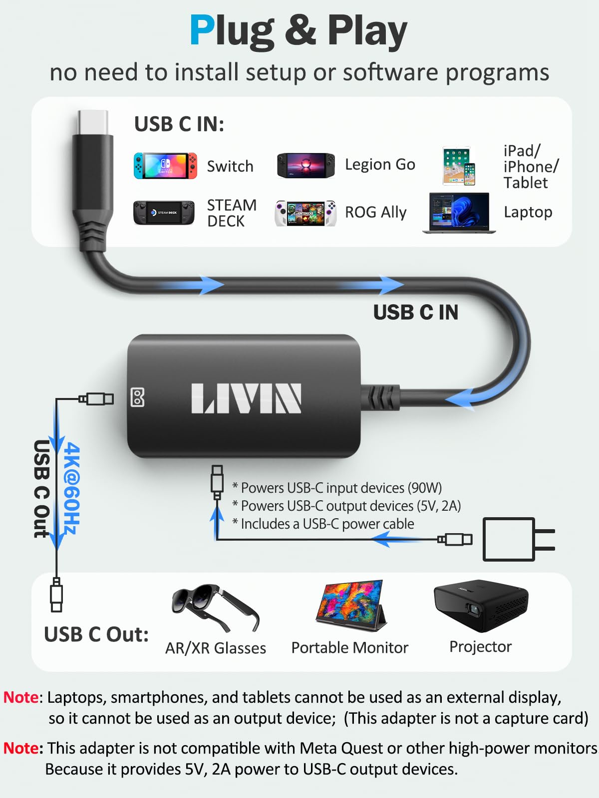 Livin Ar Glasses Adapter, Usb C To Xreal/Rokid/Viture/Rayneo, 2 In 1?4K@60Hz+Charger 100W?, Plug & Play, Aluminum Shell, For Iph