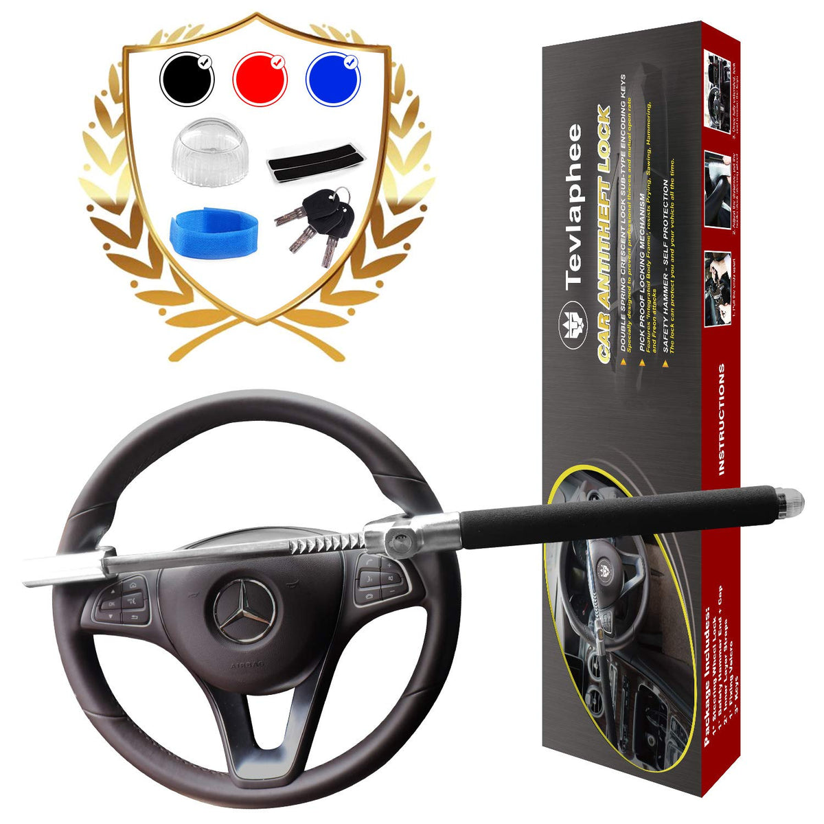 Tevlaphee Steering Wheel Lock Anti Theft Car Device Universal Theft Prevention Car Lock Adjustable Double Hook Emergency Hammer