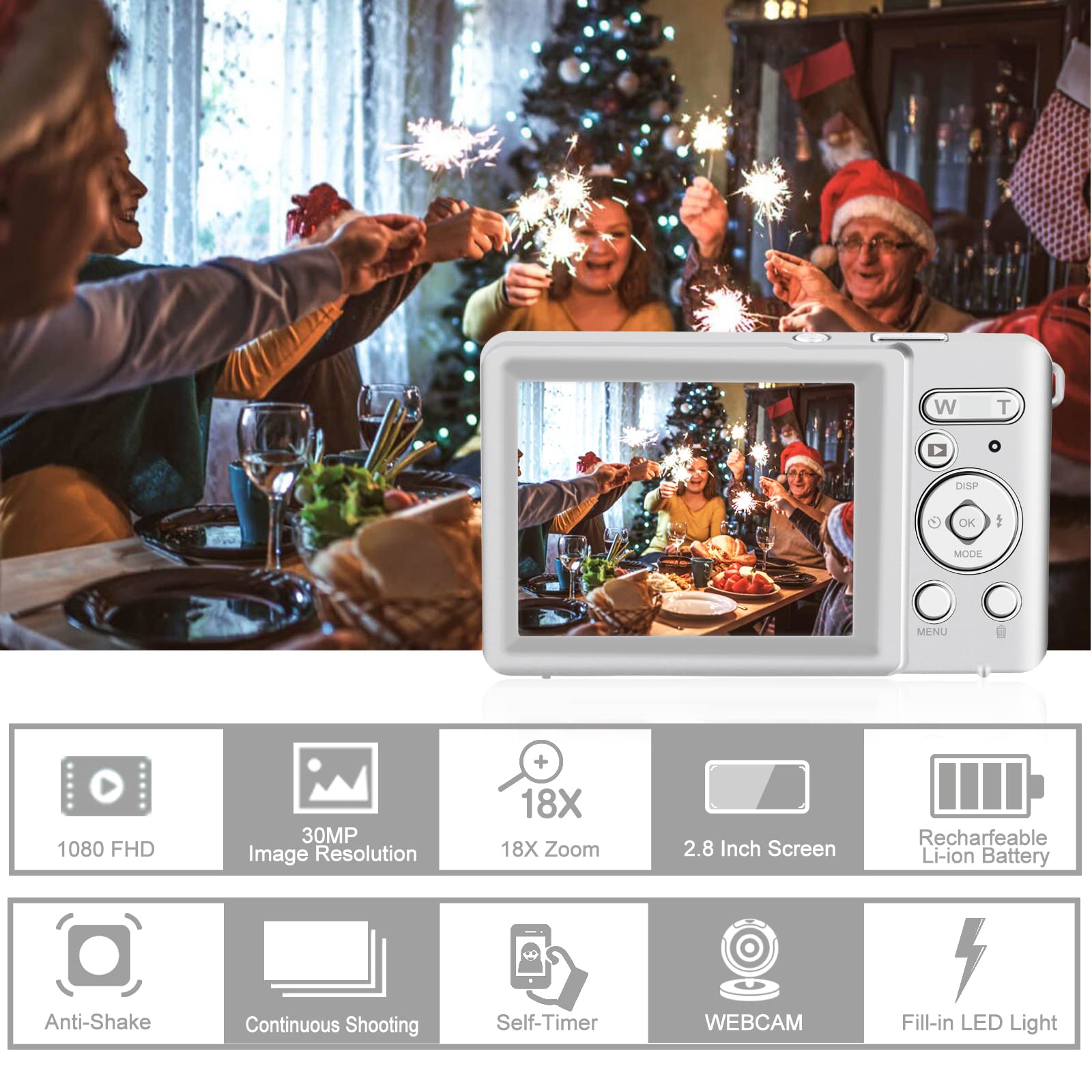 Yeein Digital Camera, Rechargeable 30Mp Point And Shoot Camera With 32Gb Card 18X Digital Zoom, Compact Camera For Kids Teens Al