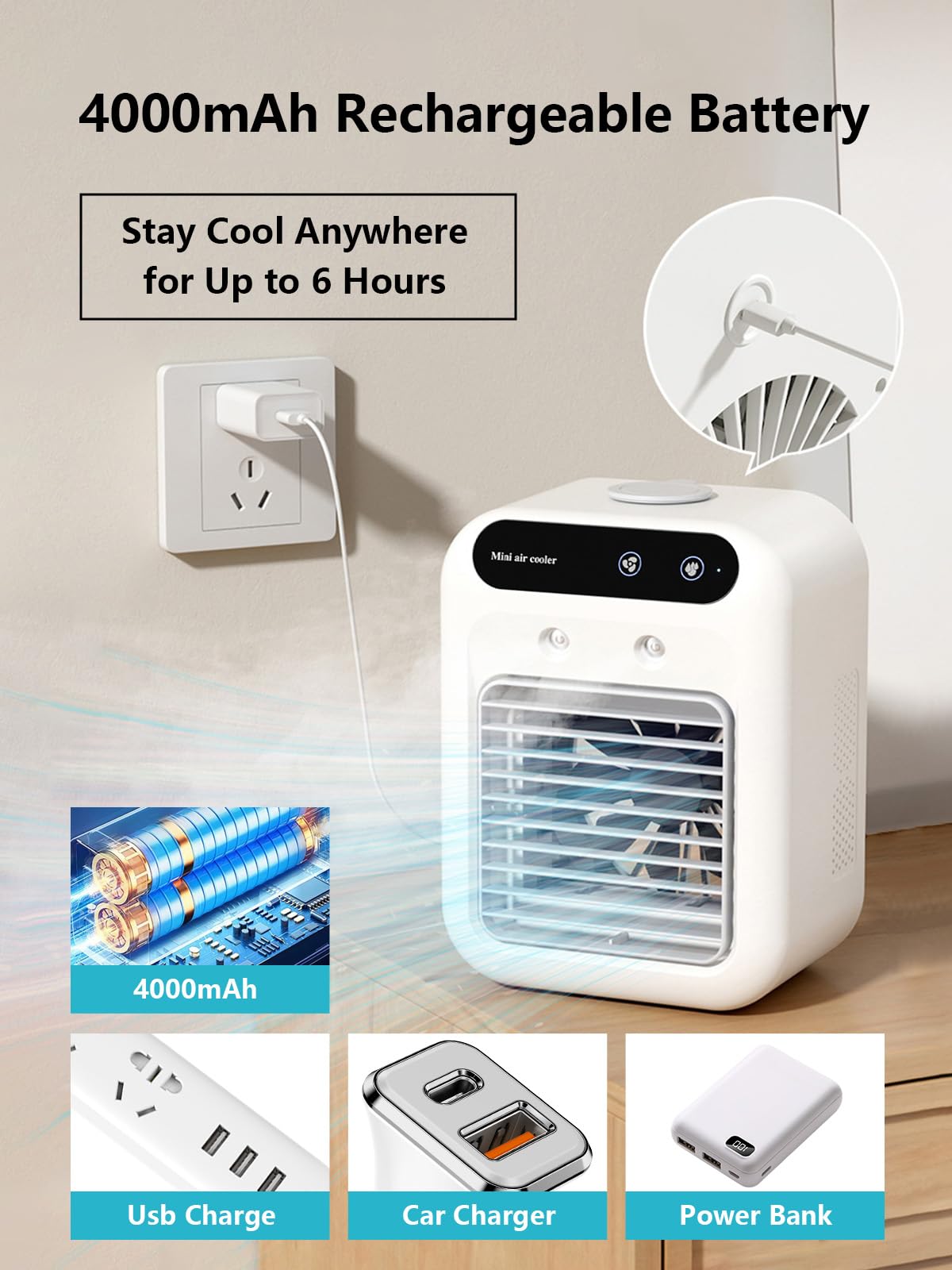 Portable Air Conditioner, 25W Rechargeable Personal Mini Ac Fan With Dual Spray & 2 Speed Settings, Small Evaporative Air Condit