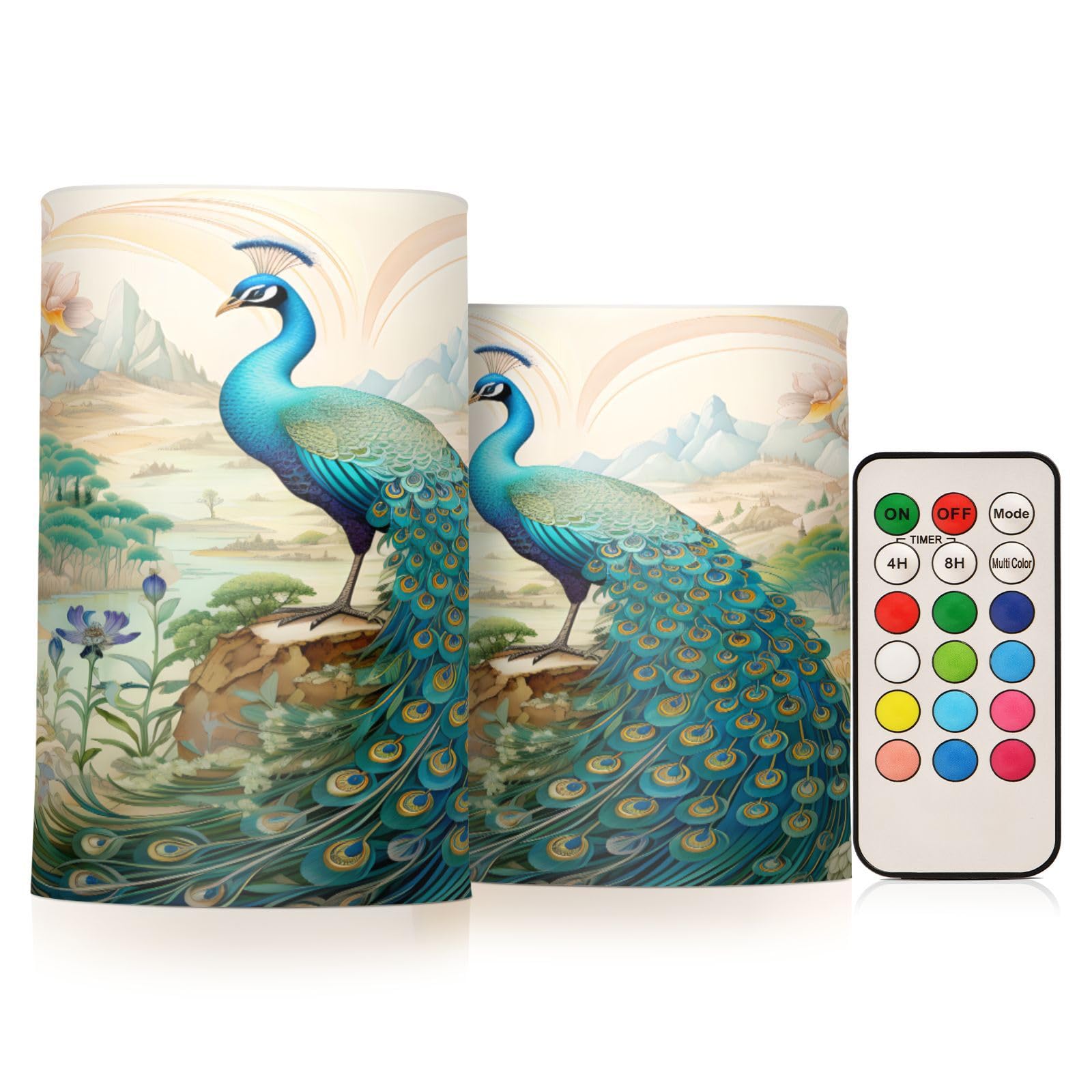 BOENLE Flickering Flameless Candles, Peacock Garden LED Candles with Remote Timer, Set of 2 Battery Operated Candle for Valentin