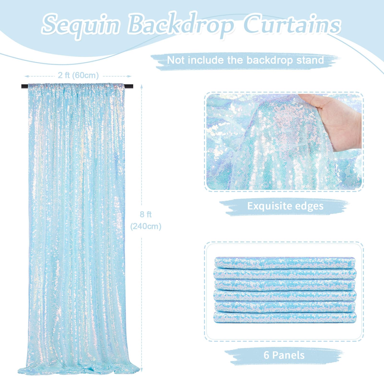 Mermaid Blue Sequin Backdrop Curtain 6 Pcs 2Ftx8Ft Wedding Party Backdrop Silver Sparkly Fabric Curtains For Wedding Christmas P