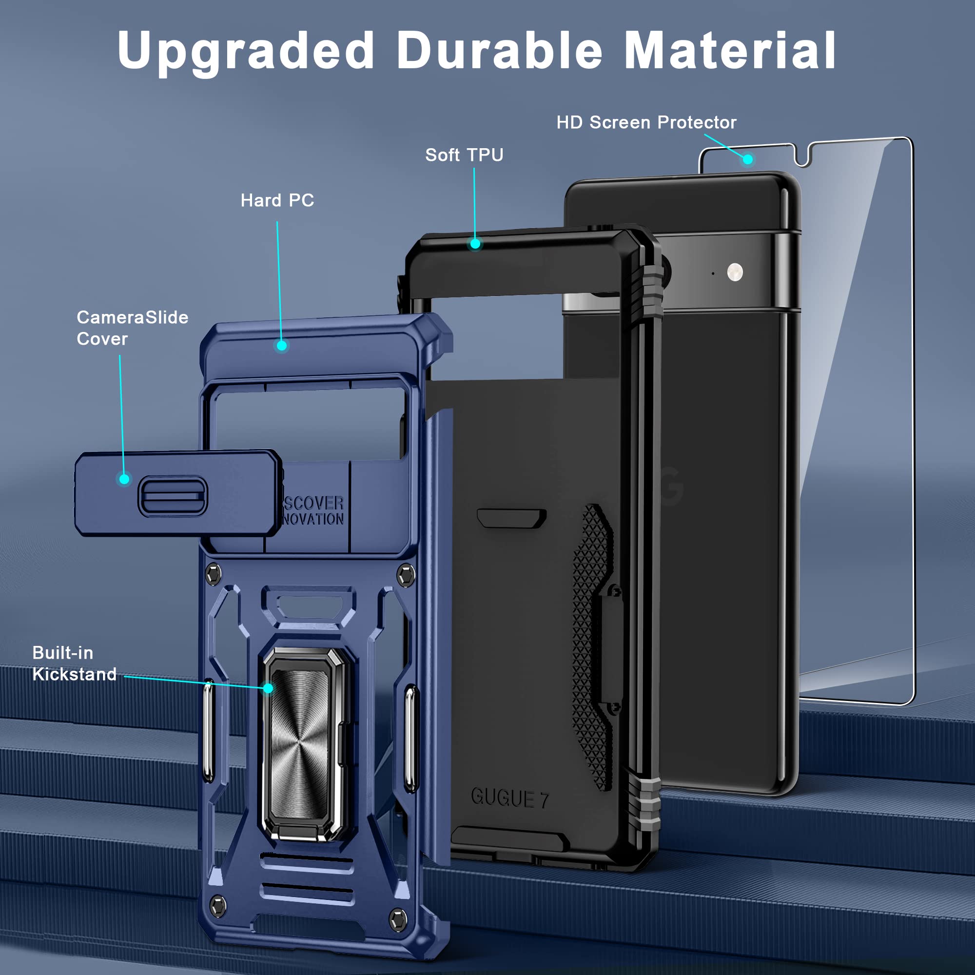 Deerlamn Case For Google Pixel 7 With Slide Camera Cover+Screen Protector(1 Pack), Rotated Ring Kickstand Military Grade Shockpr