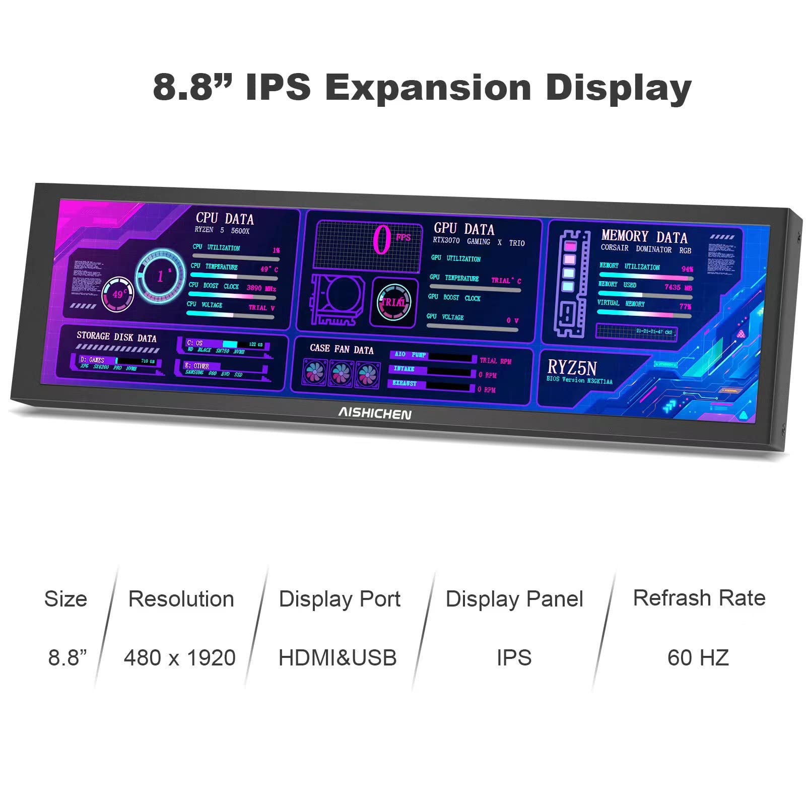 8.8 Inch Pc Temperature Display With Case Pc Sensor Panel Display Computer Temp Monitor Ips Usb Mini Screen Aida64 Pc Cpu Ram Da