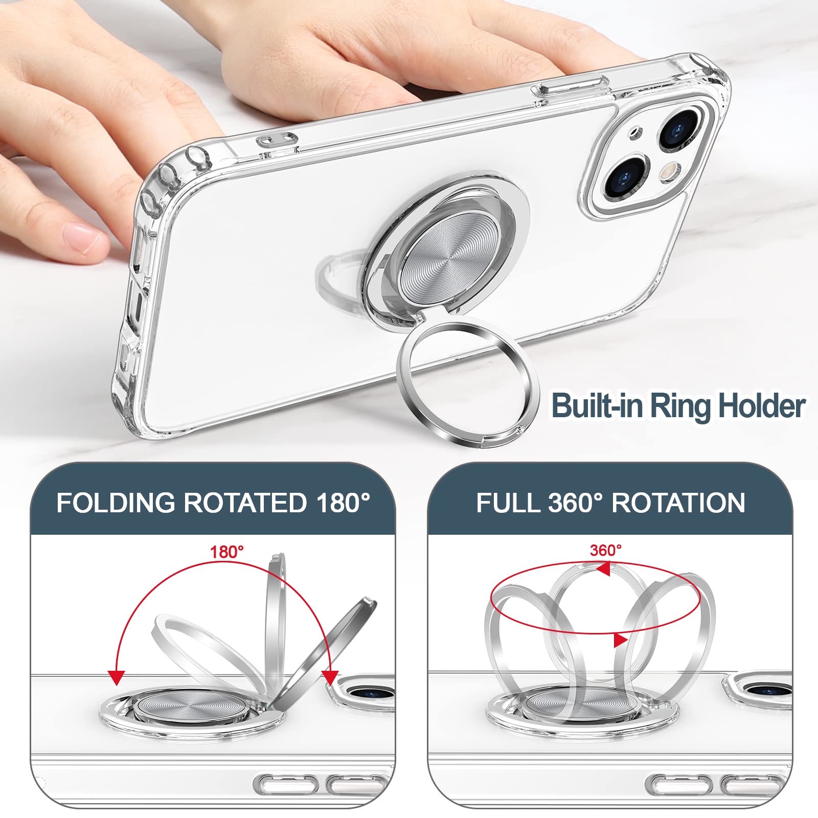 Hython For Iphone 13 Case With Ring Stand [360Rotatable Ring Holder Magnetic Kickstand] [Support Car Mount] Transparent Hard Pc