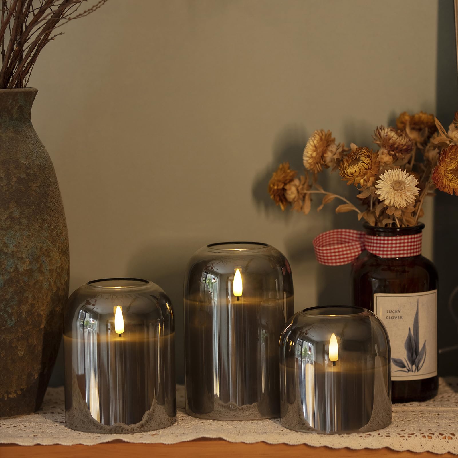 Volnyus Grey Glass Flameless Candles Set Of 3 (F 4'' H 4'' 5'' 6'') With Remote Battery Operated Flickering Led Pillar Candles R