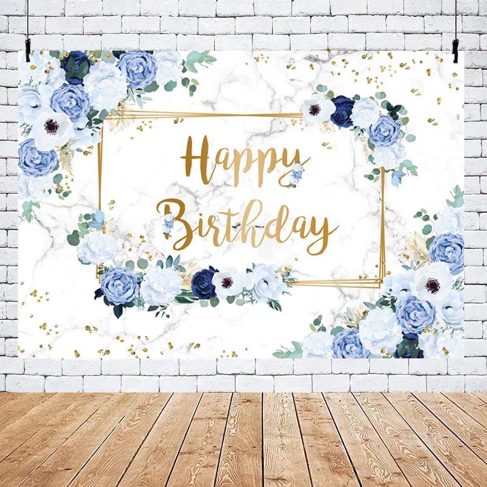 Mehofond 7X5Ft Happy Birthday Backdrop Blue And White Flowers Bday Photography Background Girls Geometric Gold Glitter Dots Birt