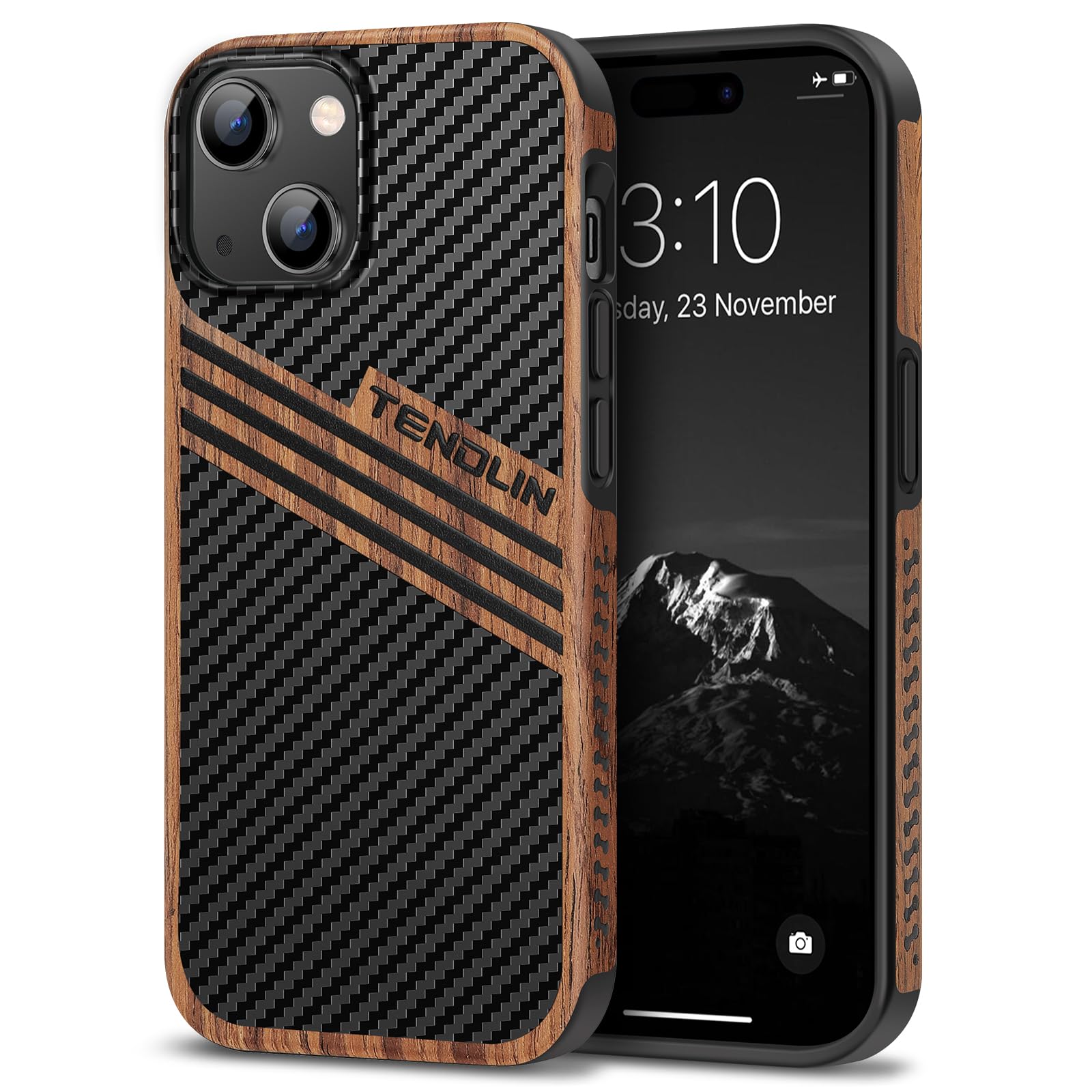 TENDLIN Compatible with iPhone 15 Case Wood Grain with Carbon Fiber Texture Design Leather Hybrid Slim Case (Three Stripe)