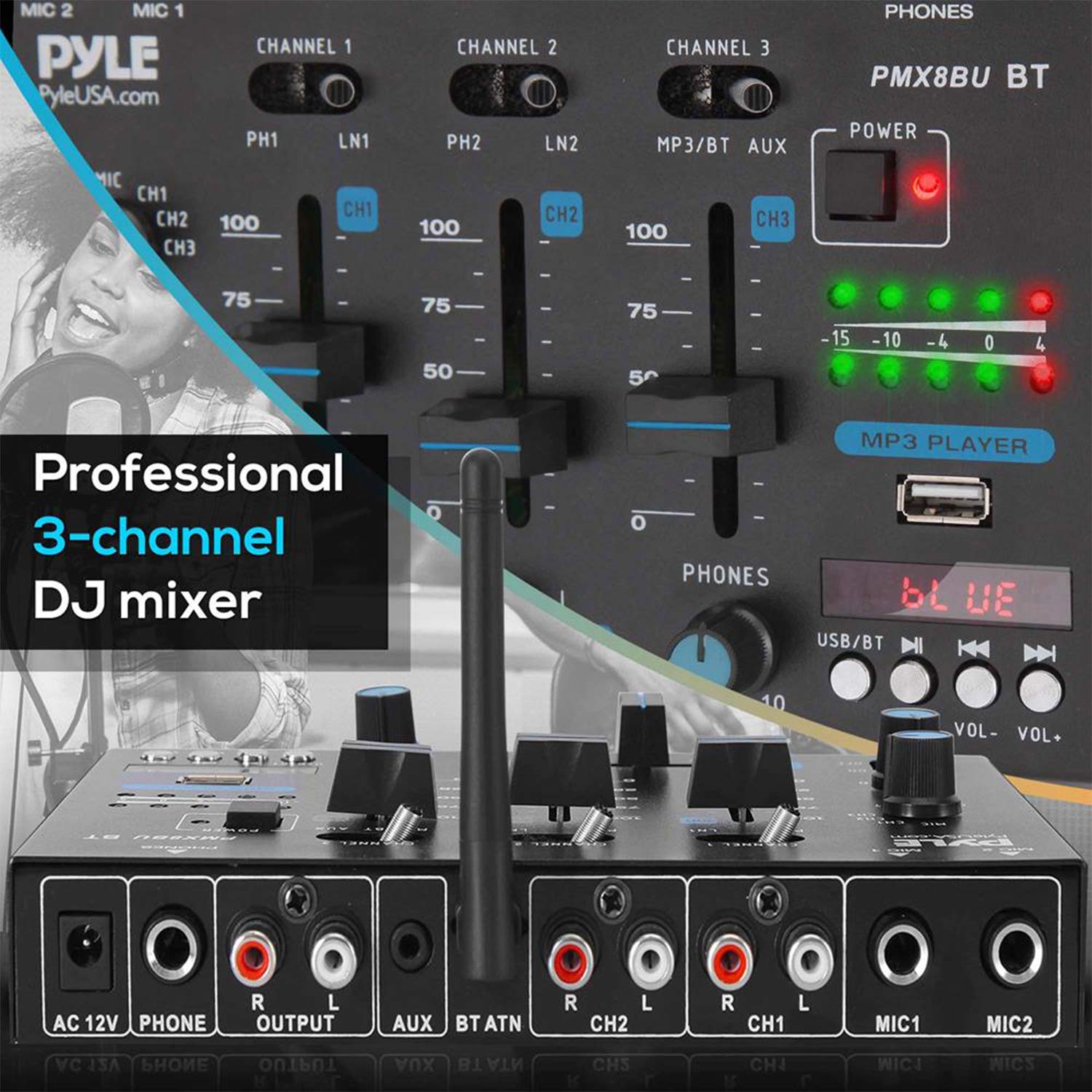 Pyle Wireless Dj Audio Mixer - 3 Channel Bluetooth Compatible Dj Controller Sound Mixer, Mic-Talkover, Usb Reader, Dual Rca Phon