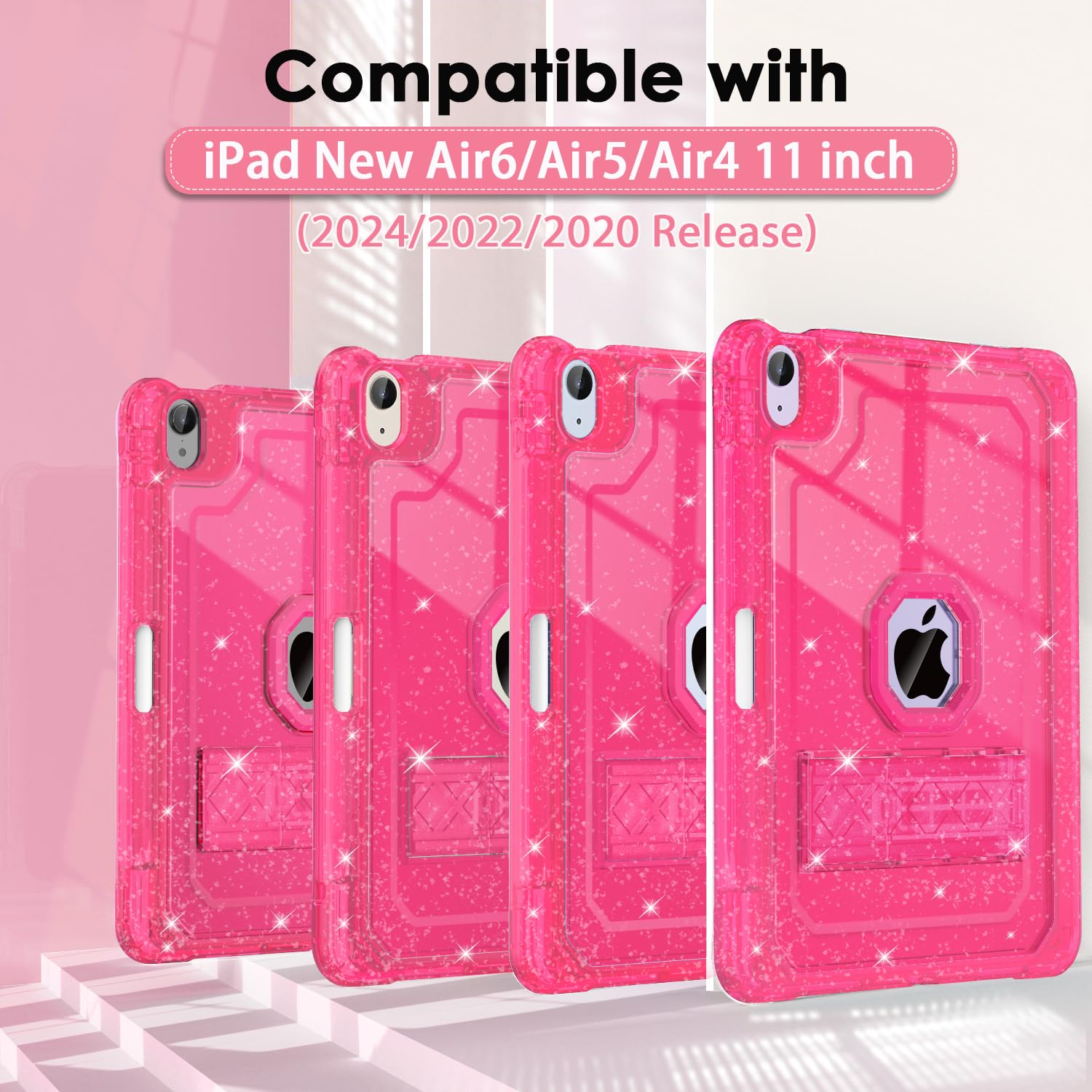 Zonefoker For Ipad Air 11 Inch Case 6Th/5Th/4Th Generation M2 11 Inch 2024/2022/2020 Case, Hot Pink Glitter Slim Cover For Kids