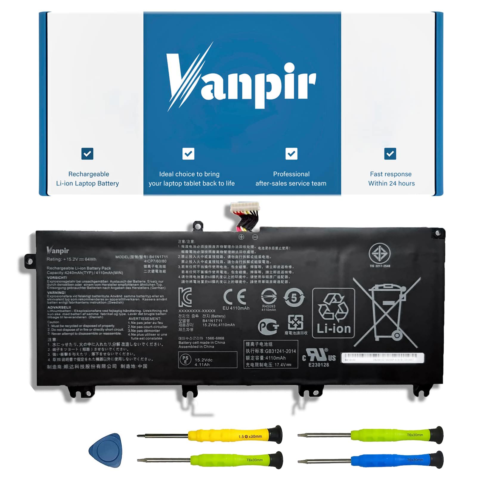 Vanpir B41N1711 Laptop Battery, 15.2V 64Wh 4240Mah Compatible With Asus Fx503Vm Fx63Vd Fx63Vm Gl703Ge Es73 Gl703Vd 1A Rog Strix