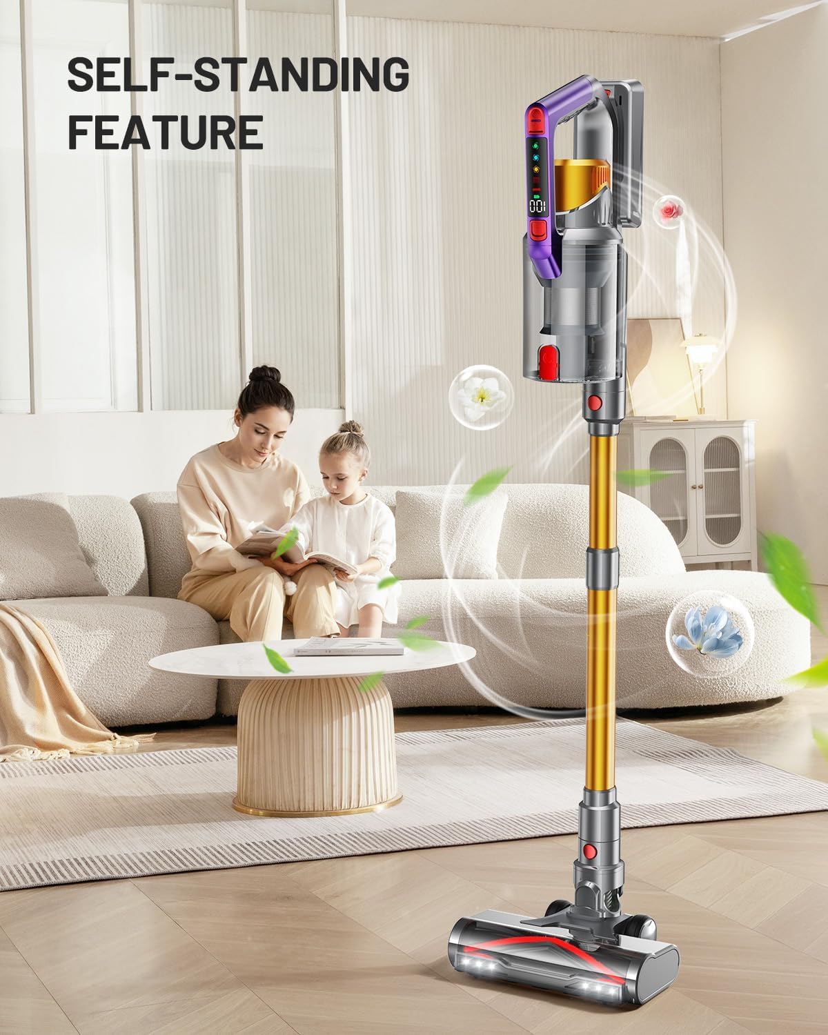 Cordless Vacuum Cleaner, 580W 48Kpa 70Mins Vacuum Cleaners For Home, Self-Standing Stick Vacuum With Aromatherapy & Led Display