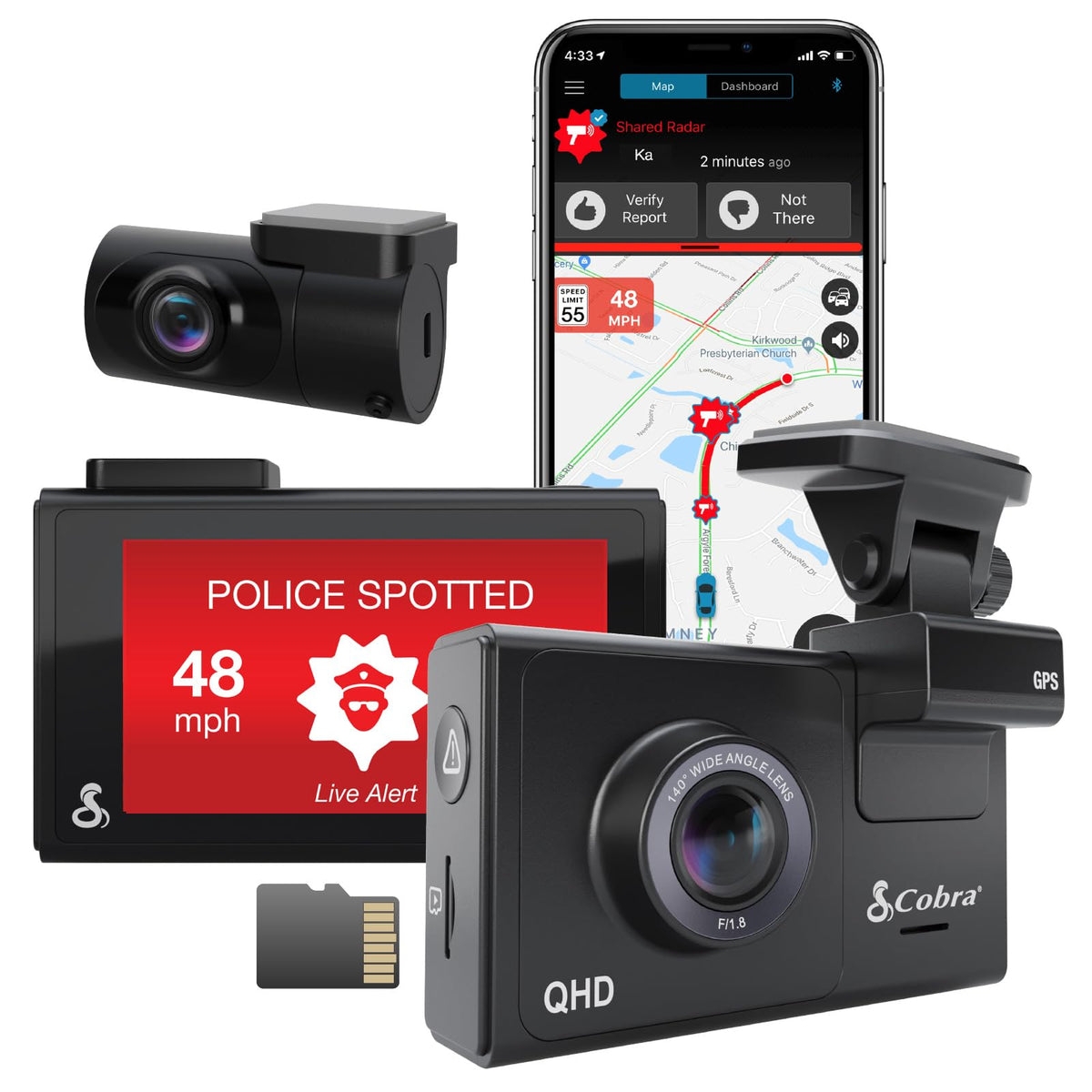 Cobra Smart Dash Cam + Rear Cam (Sc 200D)   Qhd+ 1600P Resolution, Built In Wi Fi & Gps, Voice Commands, Live Police Alerts, Inc
