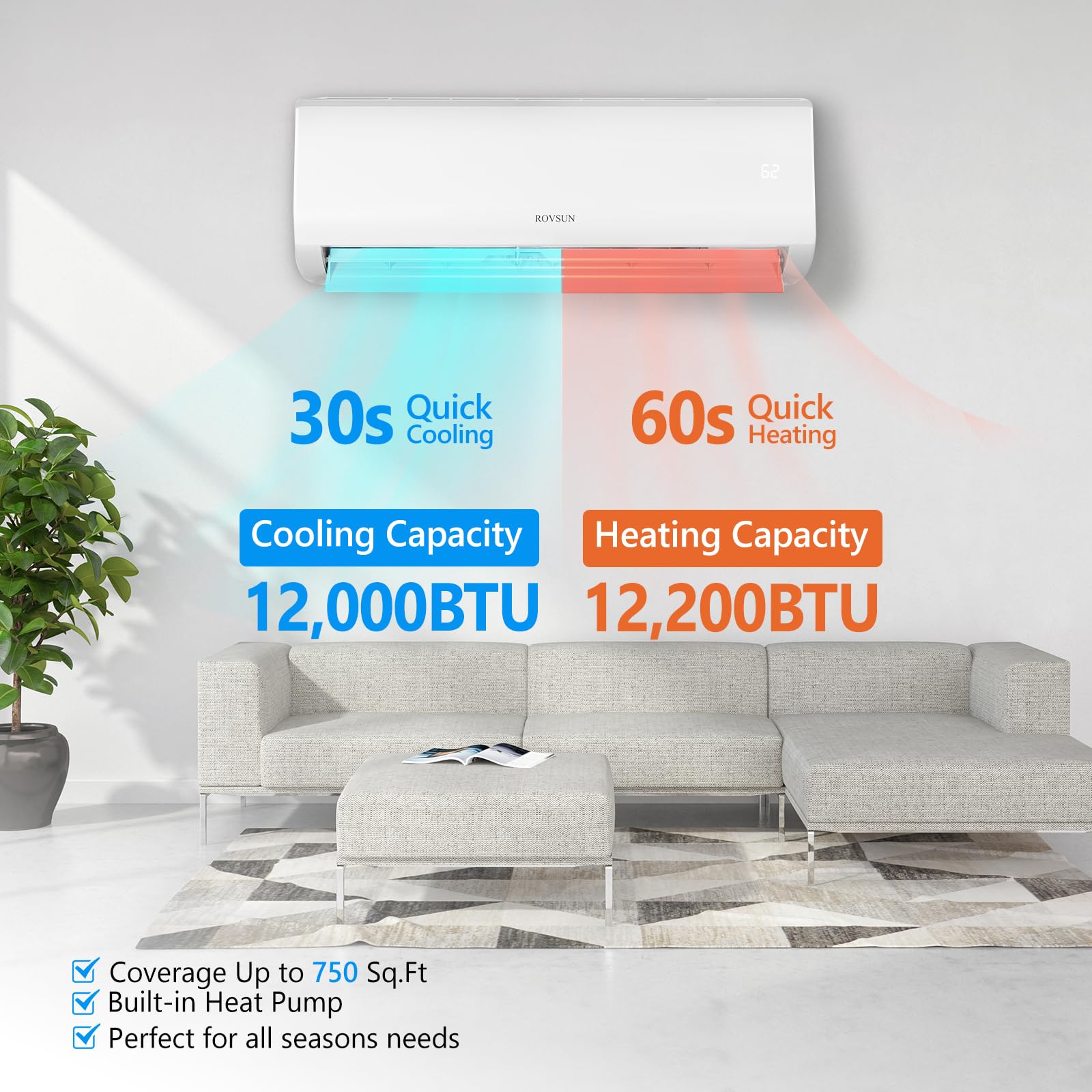 Rovsun 12000 Btu 115V 19 Seer Efficient Ductless Mini Split Inverter Plus System With Heat Pump And Dehumidification, Auto Defro