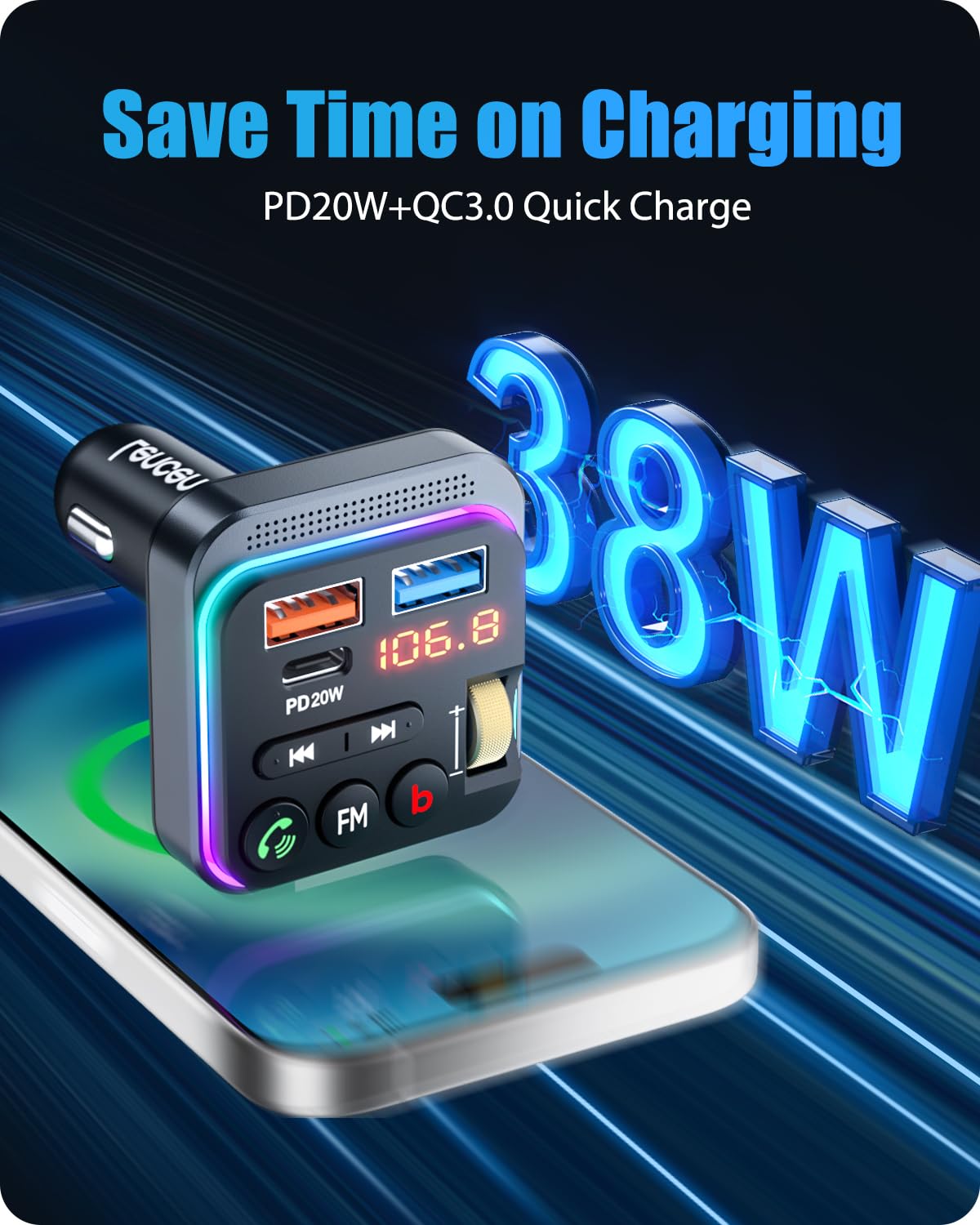 Lencent Bluetooth 5.0 Fm Transmitter For Car, [Pd 20W + Qc 3.0] Usb Charger Music Radio Adapter, Wireless Microphone &Hifi Bass